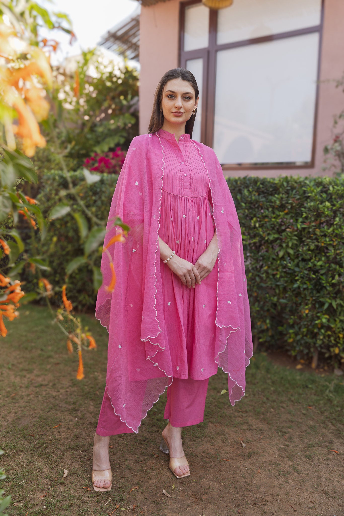 Fuscia Pink Cottan White heart Embroidered Straight Set