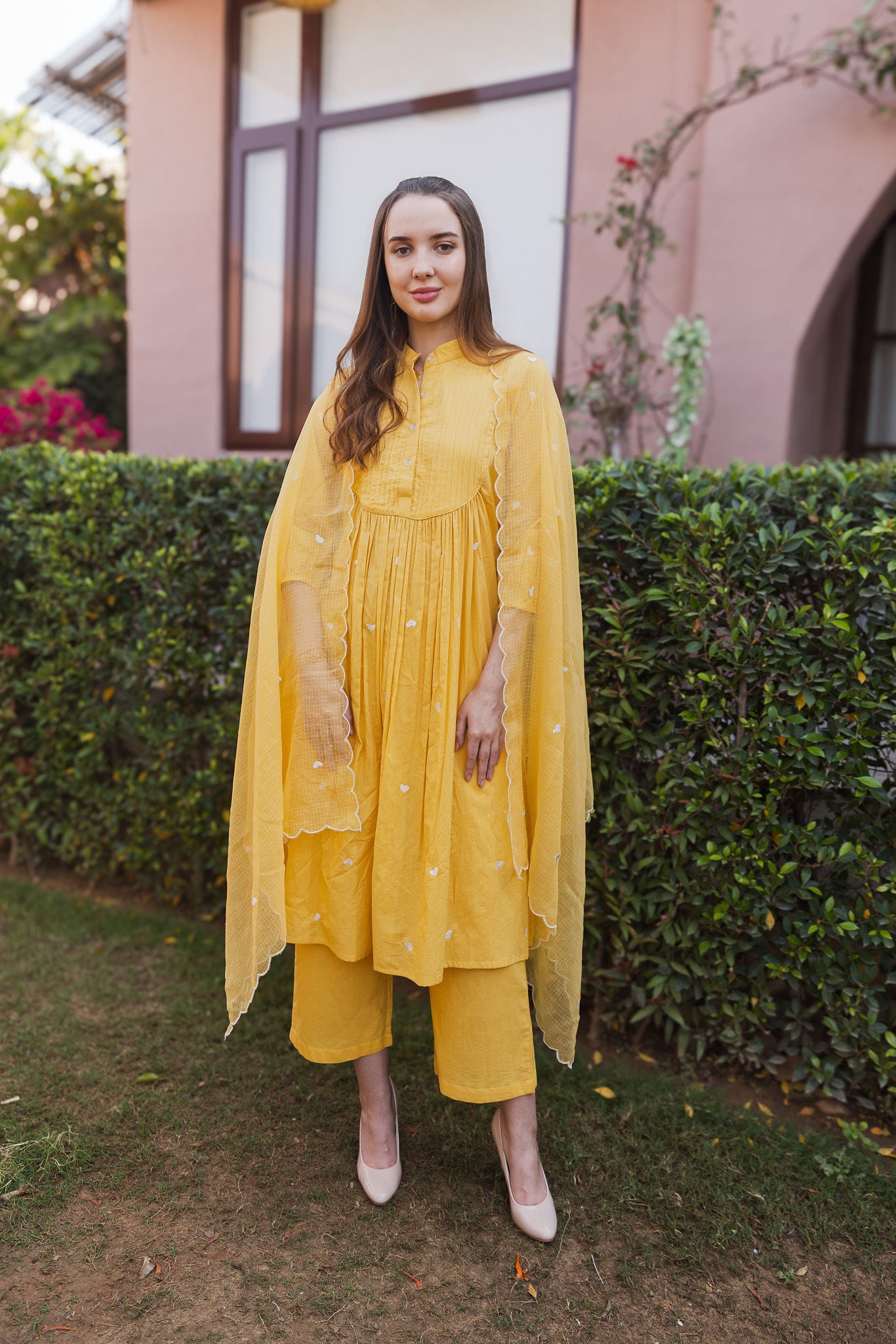 Yellow Cottan White heart Embroidered Straight Set