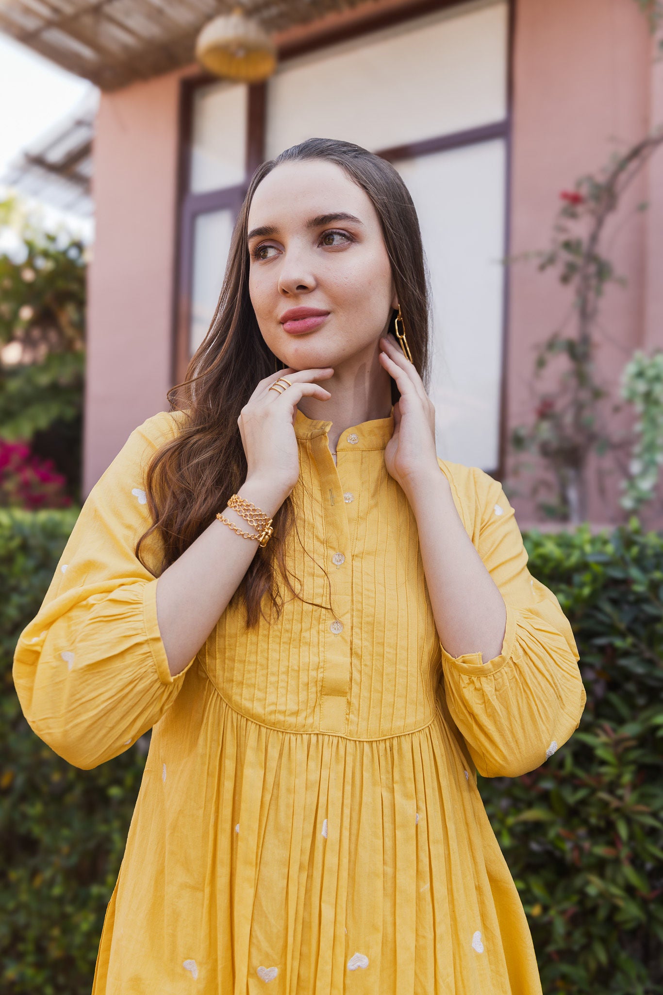 Yellow Cottan White heart Embroidered Straight Set