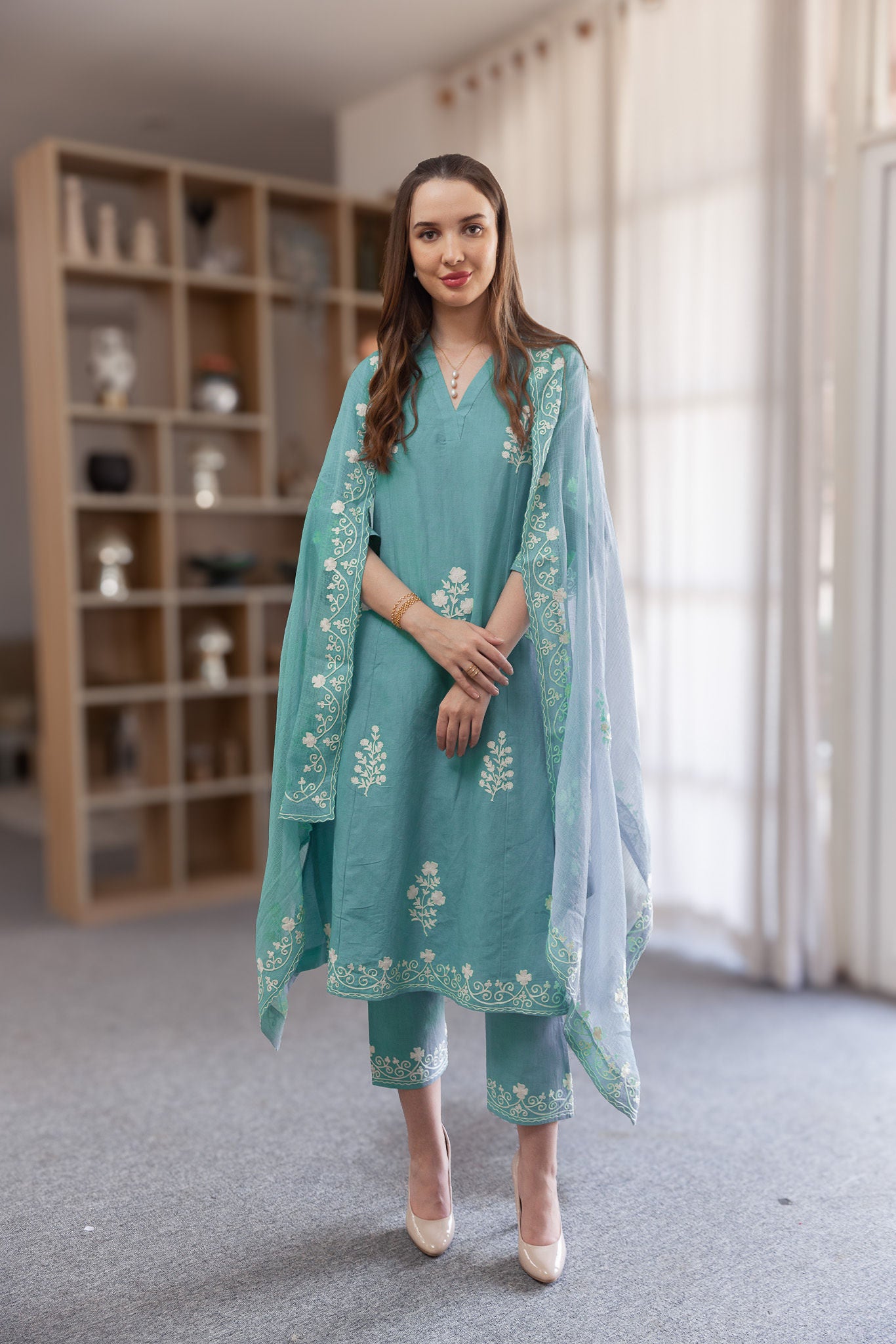Teal linen Mughal Embroidery Straight Set