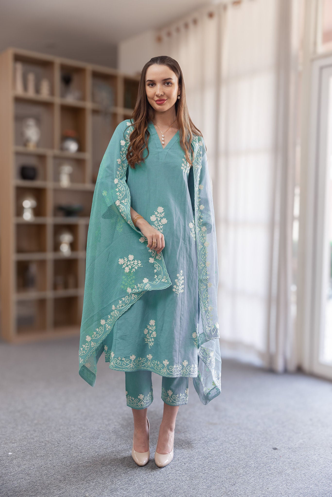 Teal linen Mughal Embroidery Straight Set
