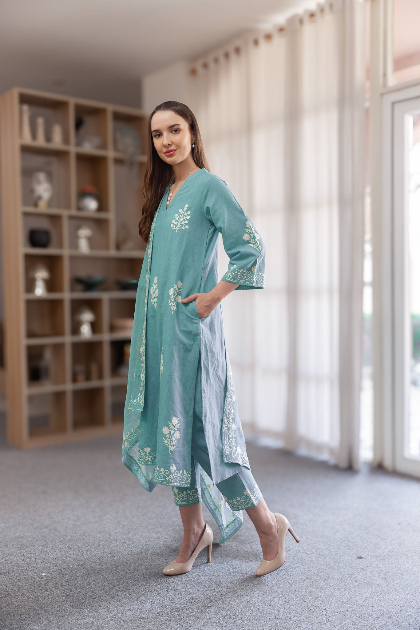 Teal linen Mughal Embroidery Straight Set