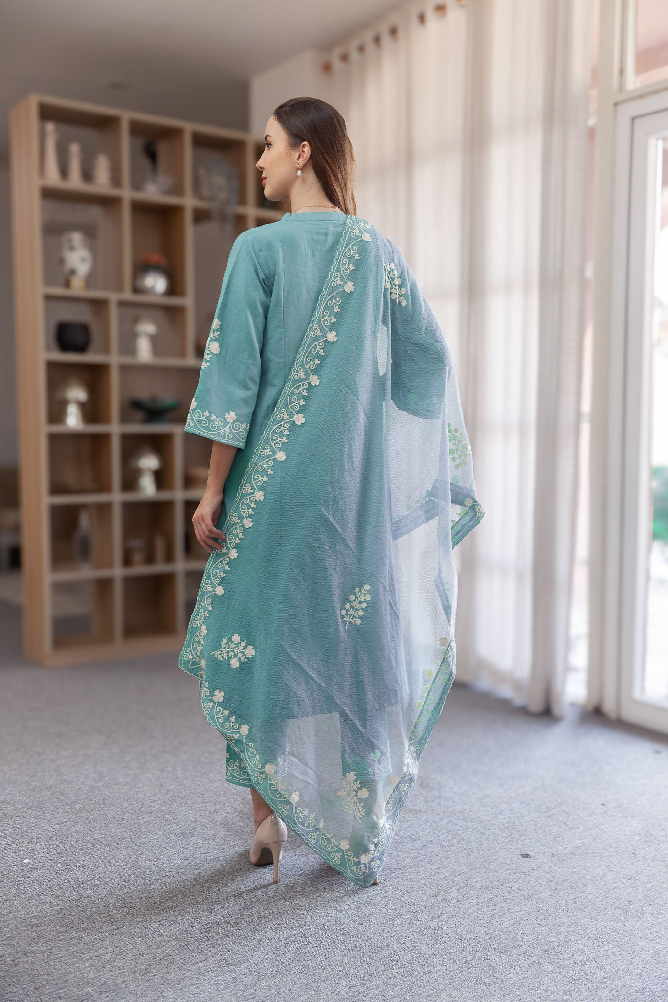 Teal linen Mughal Embroidery Straight Set