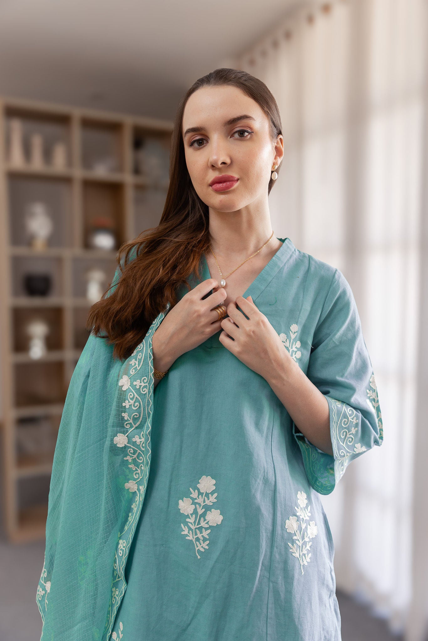 Teal linen Mughal Embroidery Straight Set