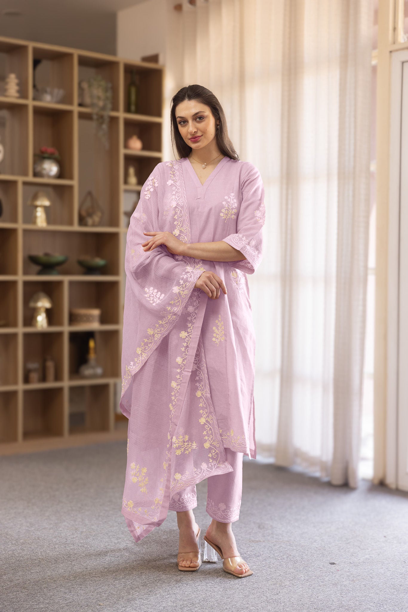 Old Rose linen Mughal Embroidery Straight Set