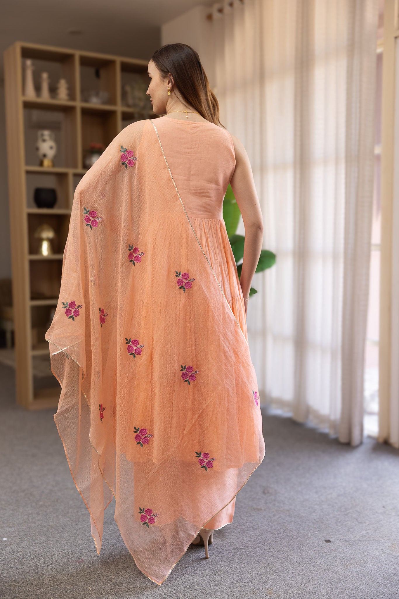 Peach Mulmul Embroidered Tyre Anarkali