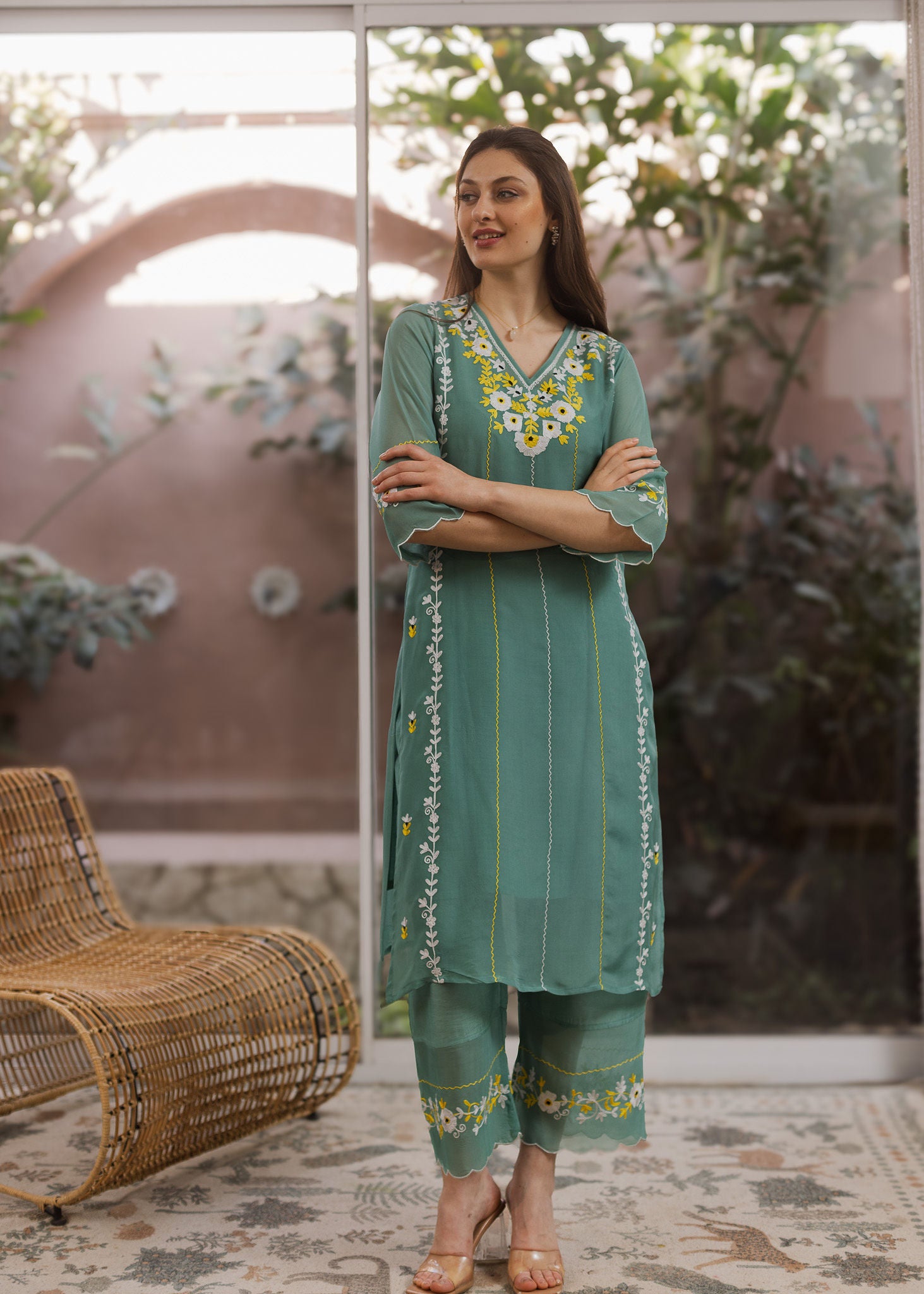 Mint Viscose Resam Embroidred Suit Set