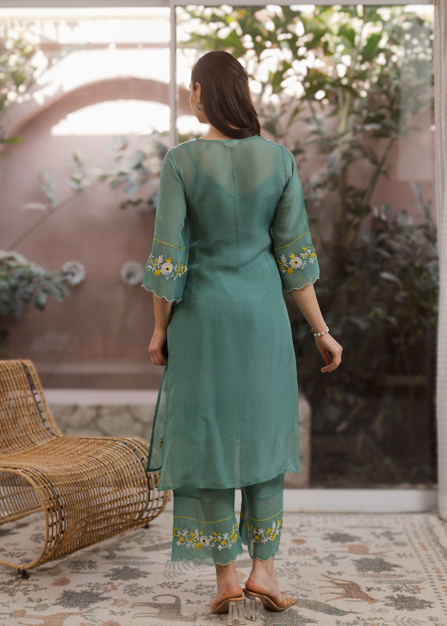Mint Viscose Resam Embroidred Suit Set