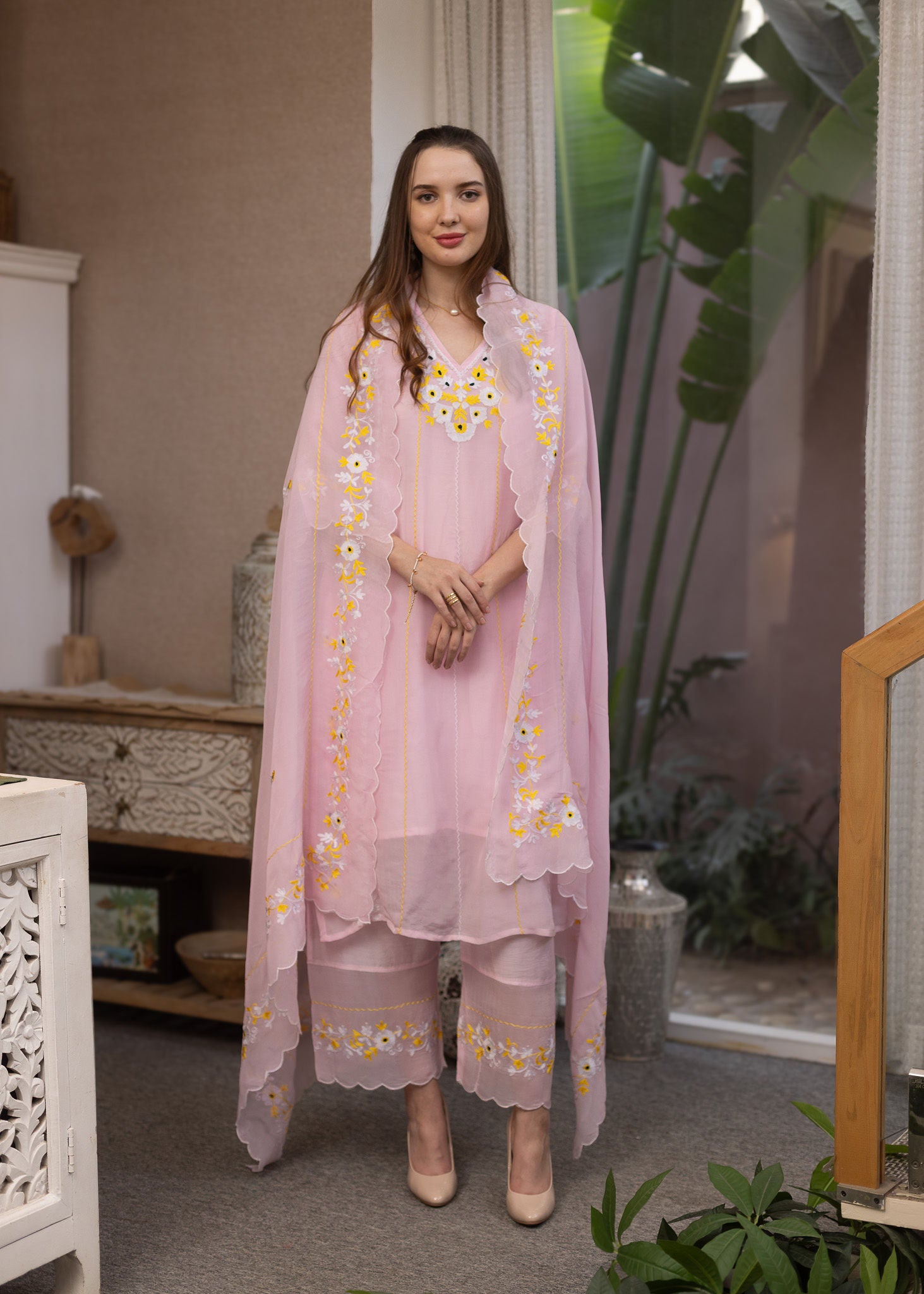 Light Pink Viscose Resam Embroidred Suit Set