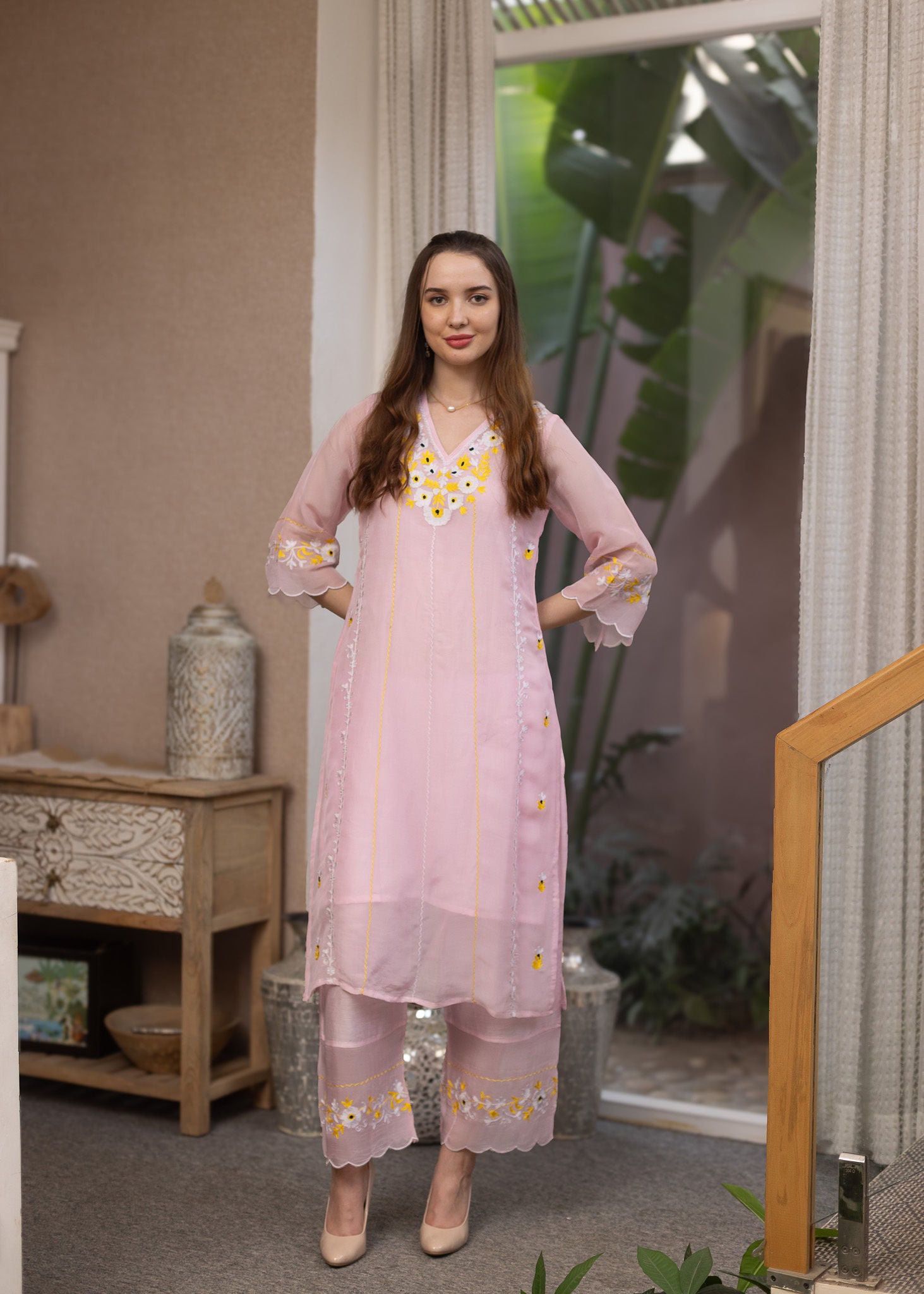 Light Pink Viscose Resam Embroidred Suit Set
