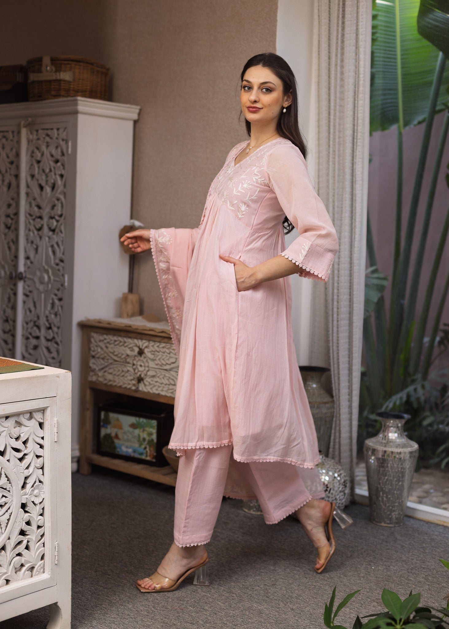 Light Pink Mul Chanderi Embroidered A line Suit Set
