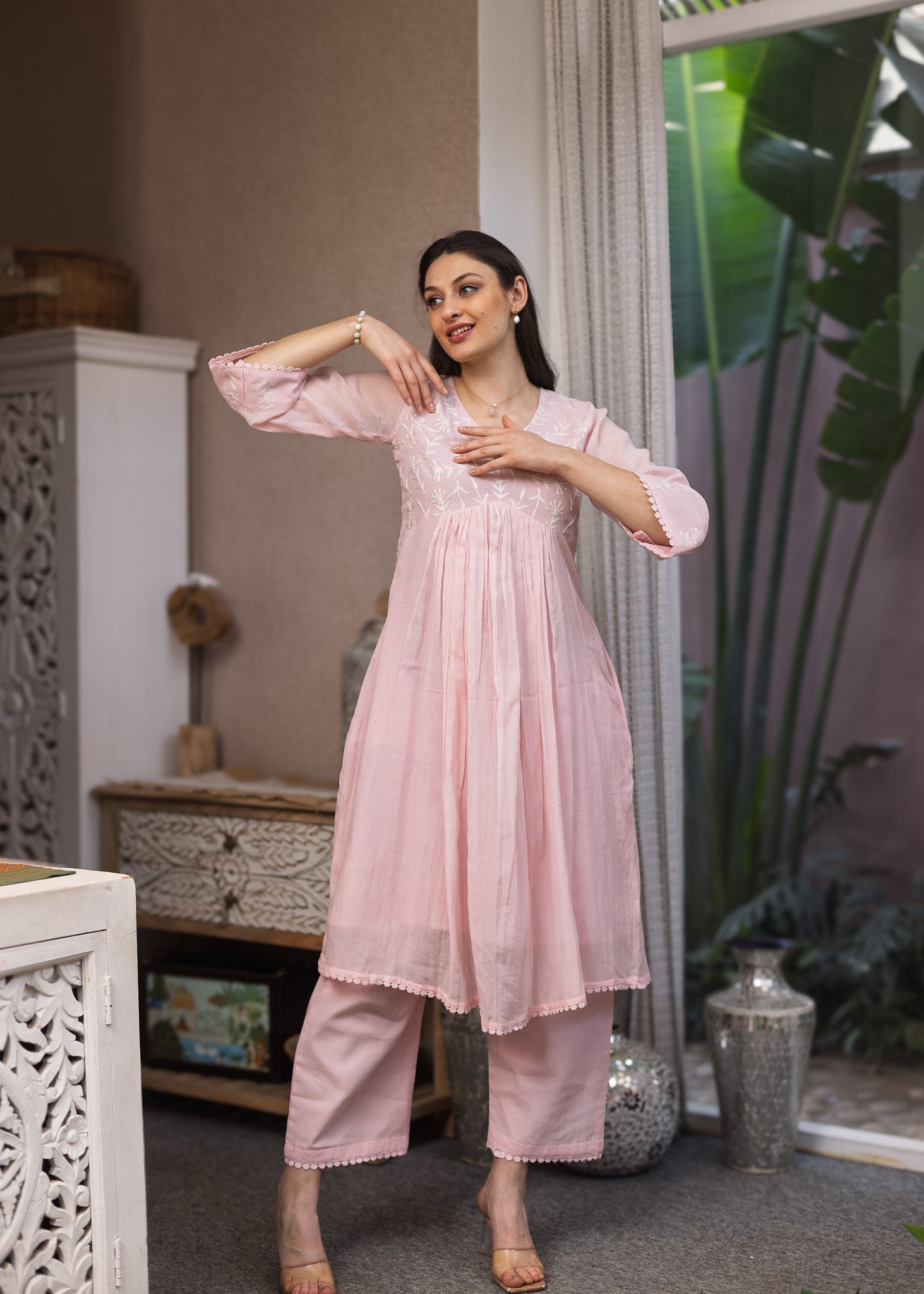 Light Pink Mul Chanderi Embroidered A line Suit Set