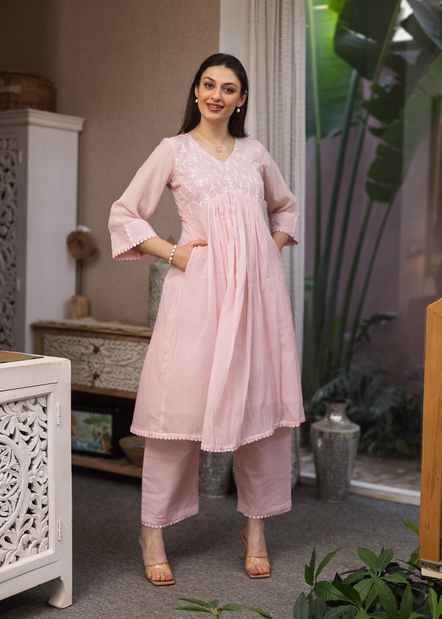 Light Pink Mul Chanderi Embroidered A line Suit Set