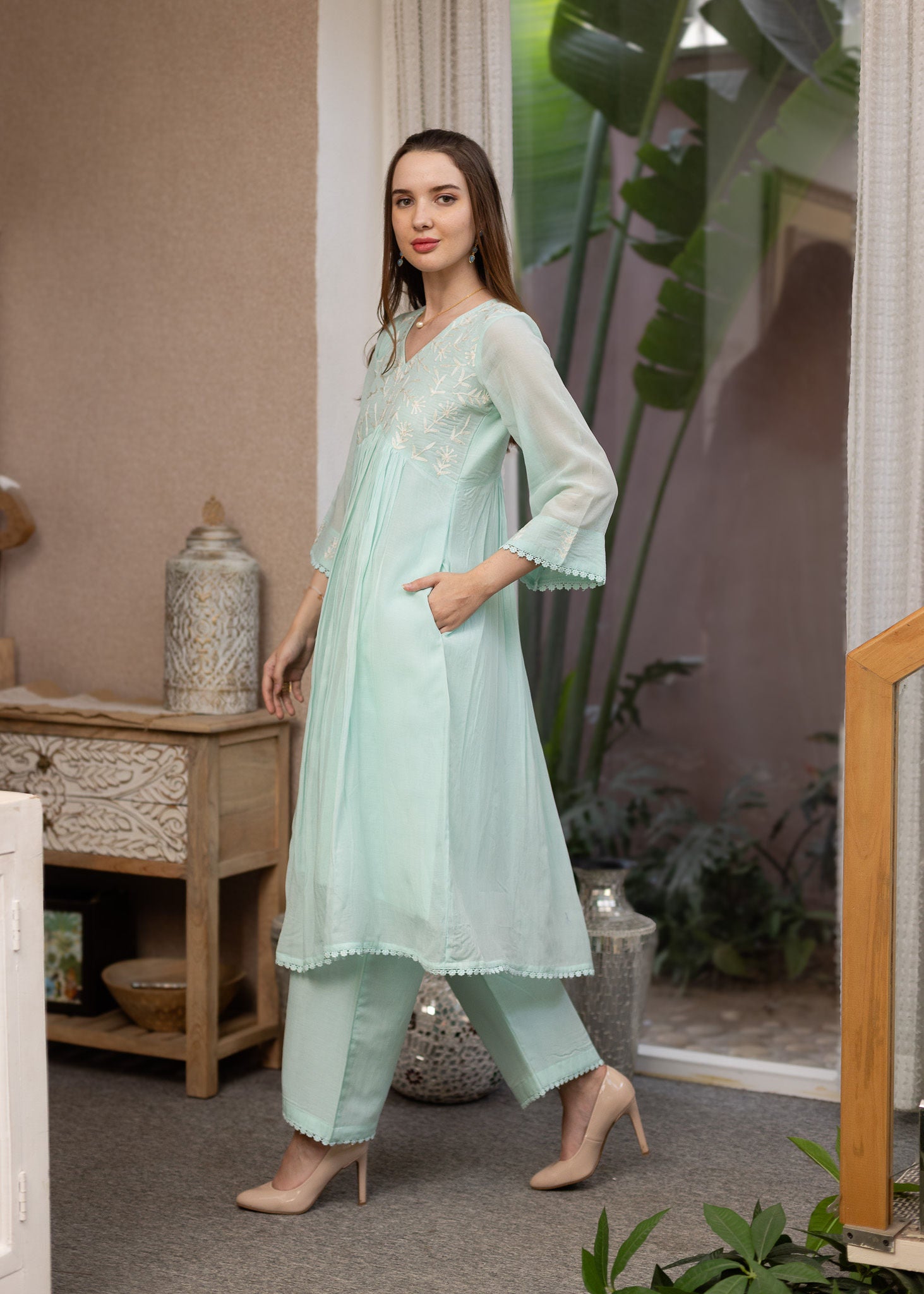 Seafoam Green Mul Chanderi Embroidered A line Suit Set