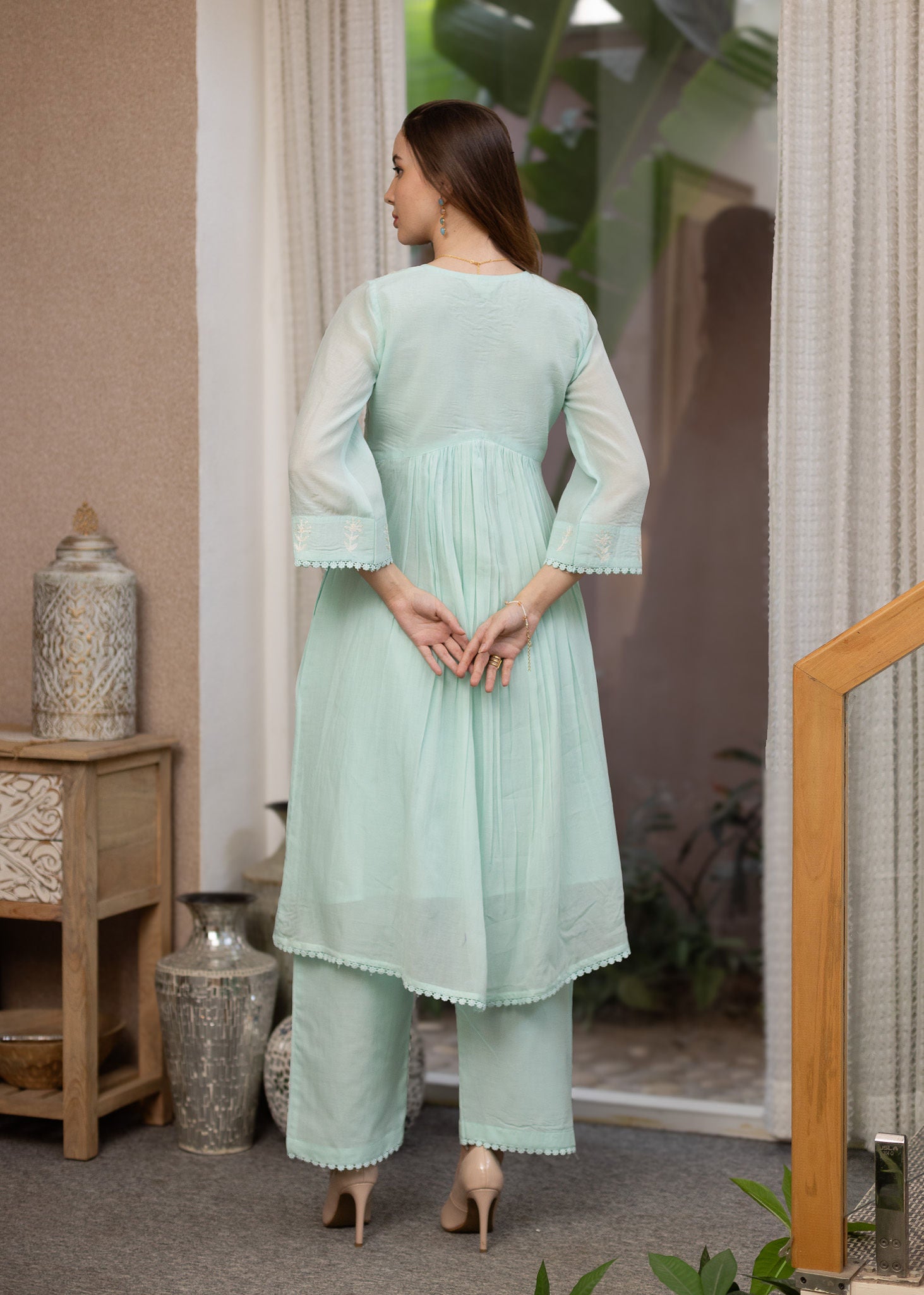 Seafoam Green Mul Chanderi Embroidered A line Suit Set