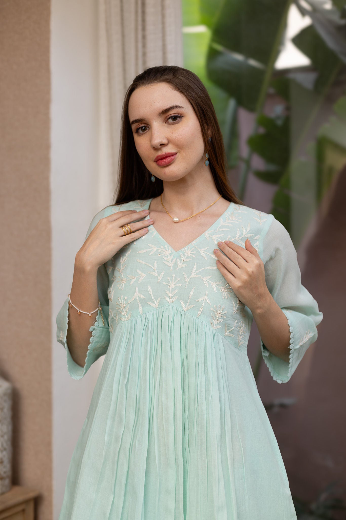 Seafoam Green Mul Chanderi Embroidered A line Suit Set