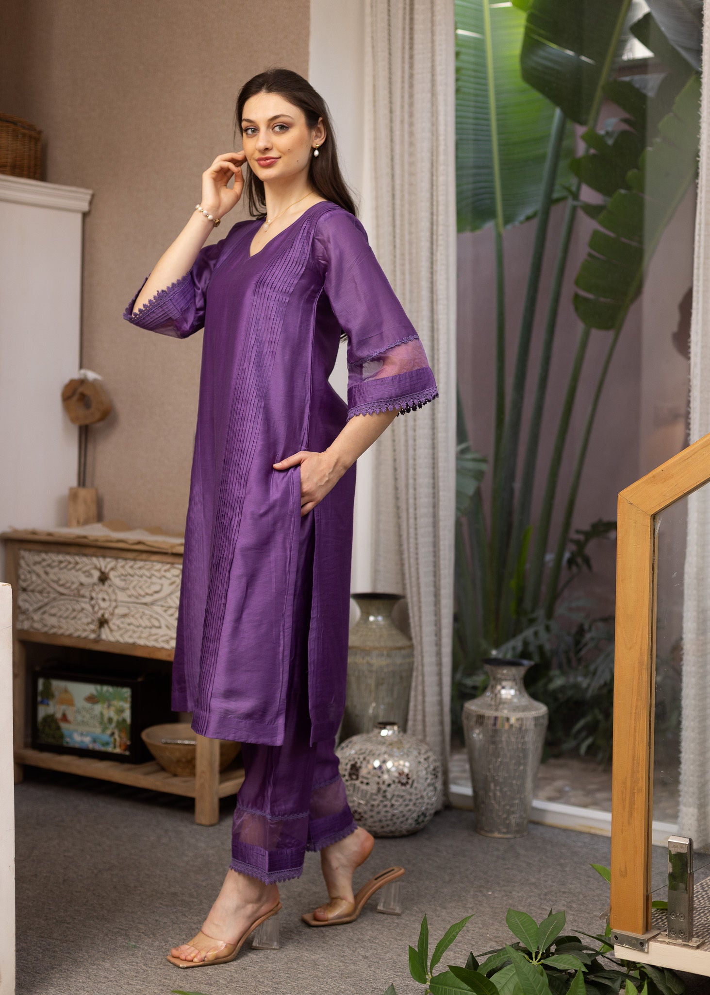 Purple Gemstone Chanderi Suit set
