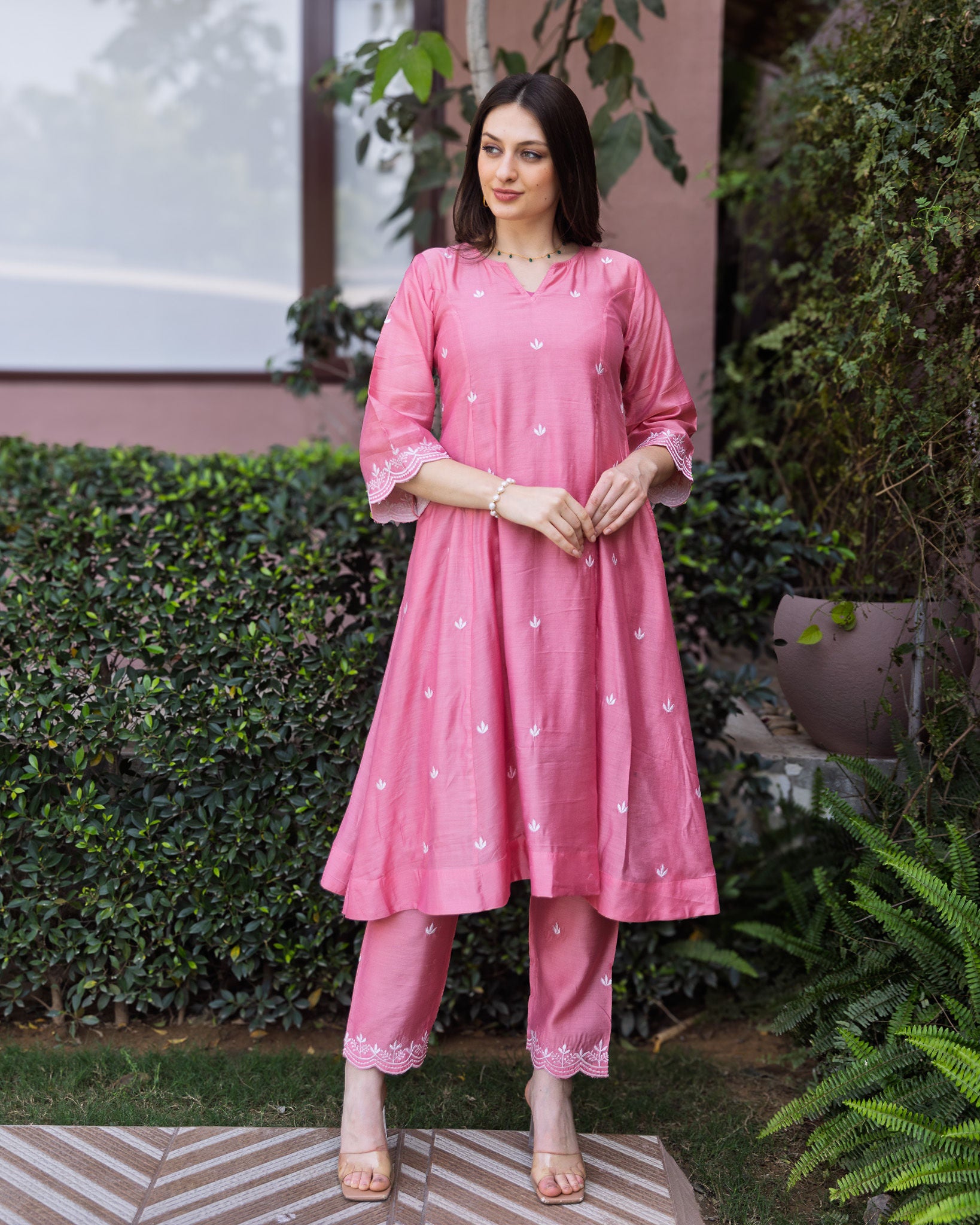 Rose Pink Chanderi 3 Kali A Line Suit Set