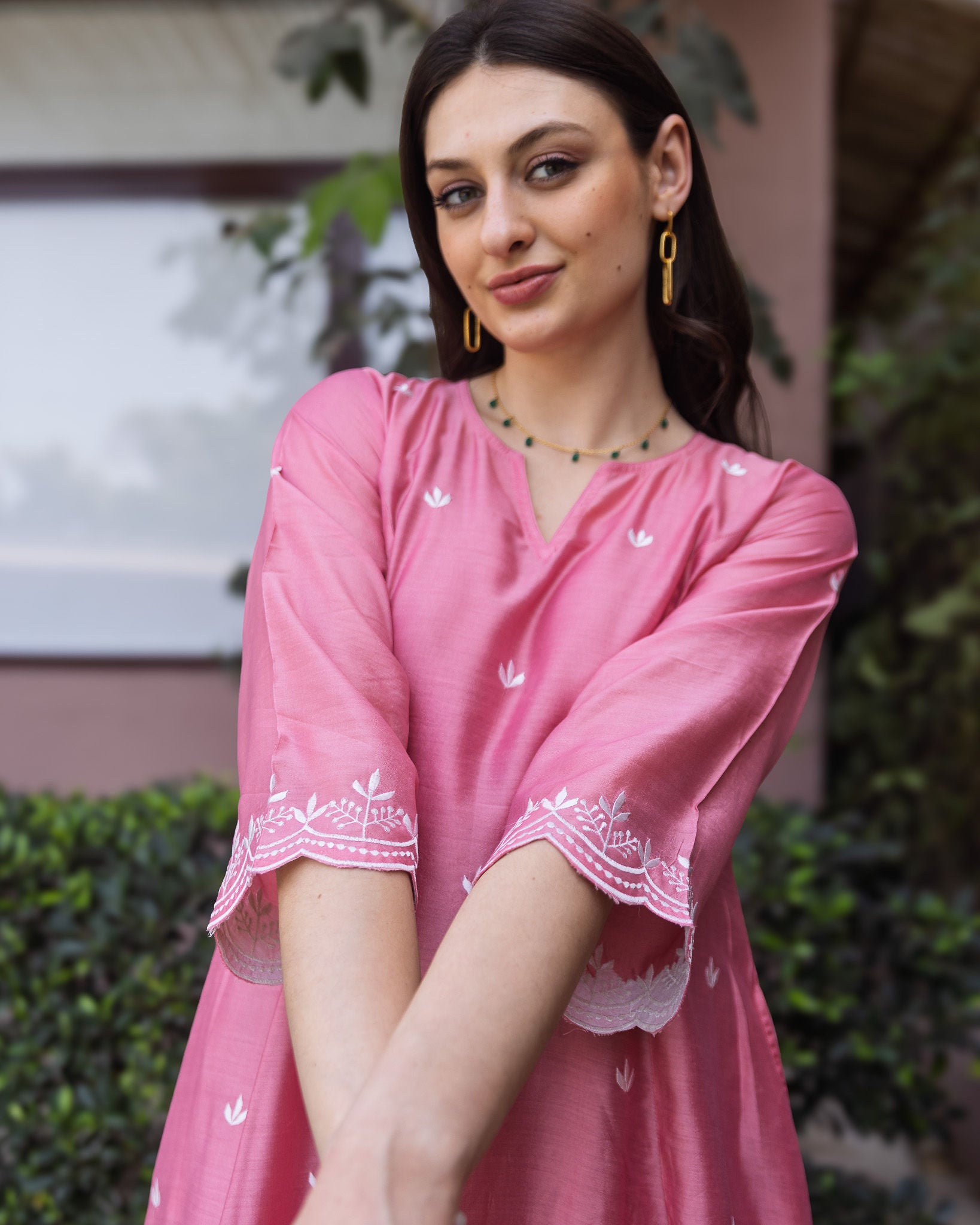 Rose Pink Chanderi 3 Kali A Line Suit Set