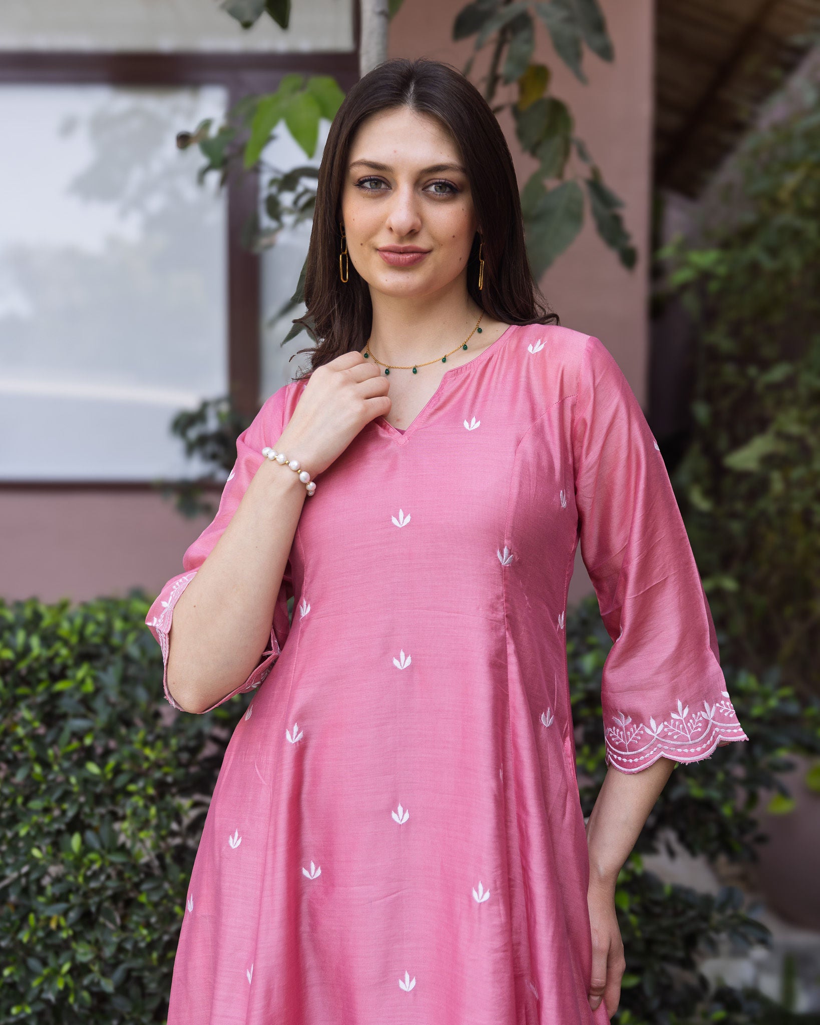 Rose Pink Chanderi 3 Kali A Line Suit Set