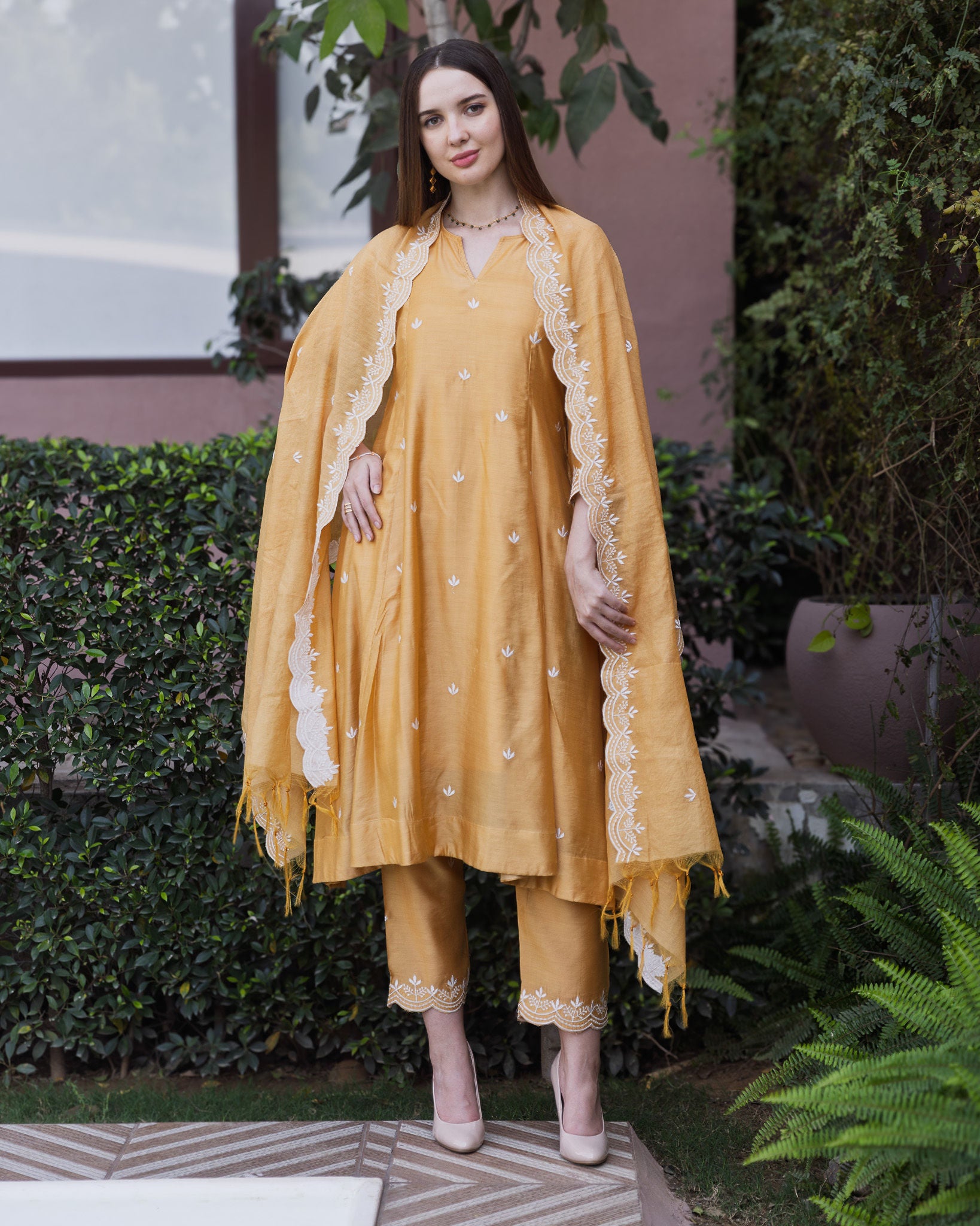 Mustard Chanderi 3 Kali A Line Suit Set