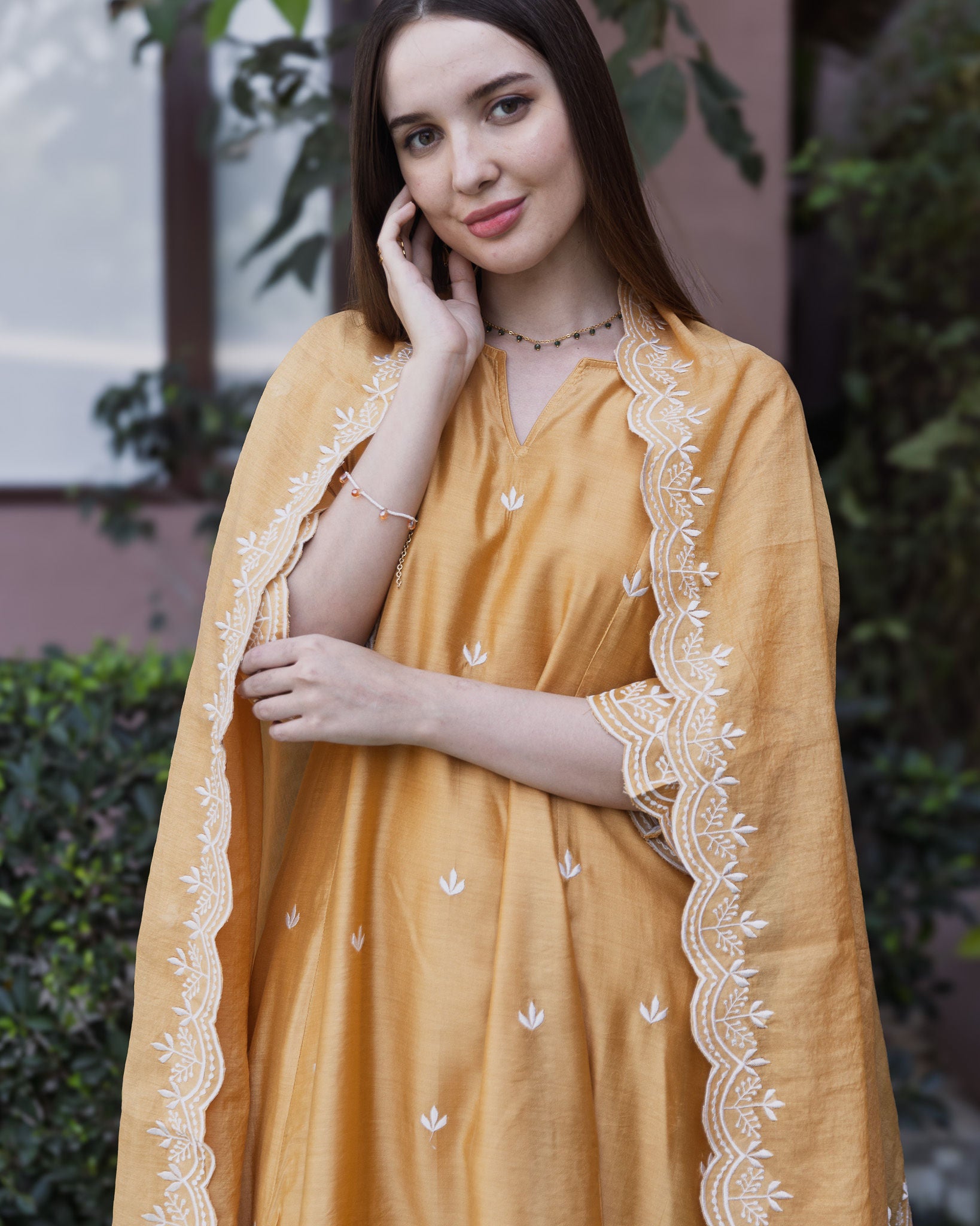 Mustard Chanderi 3 Kali A Line Suit Set