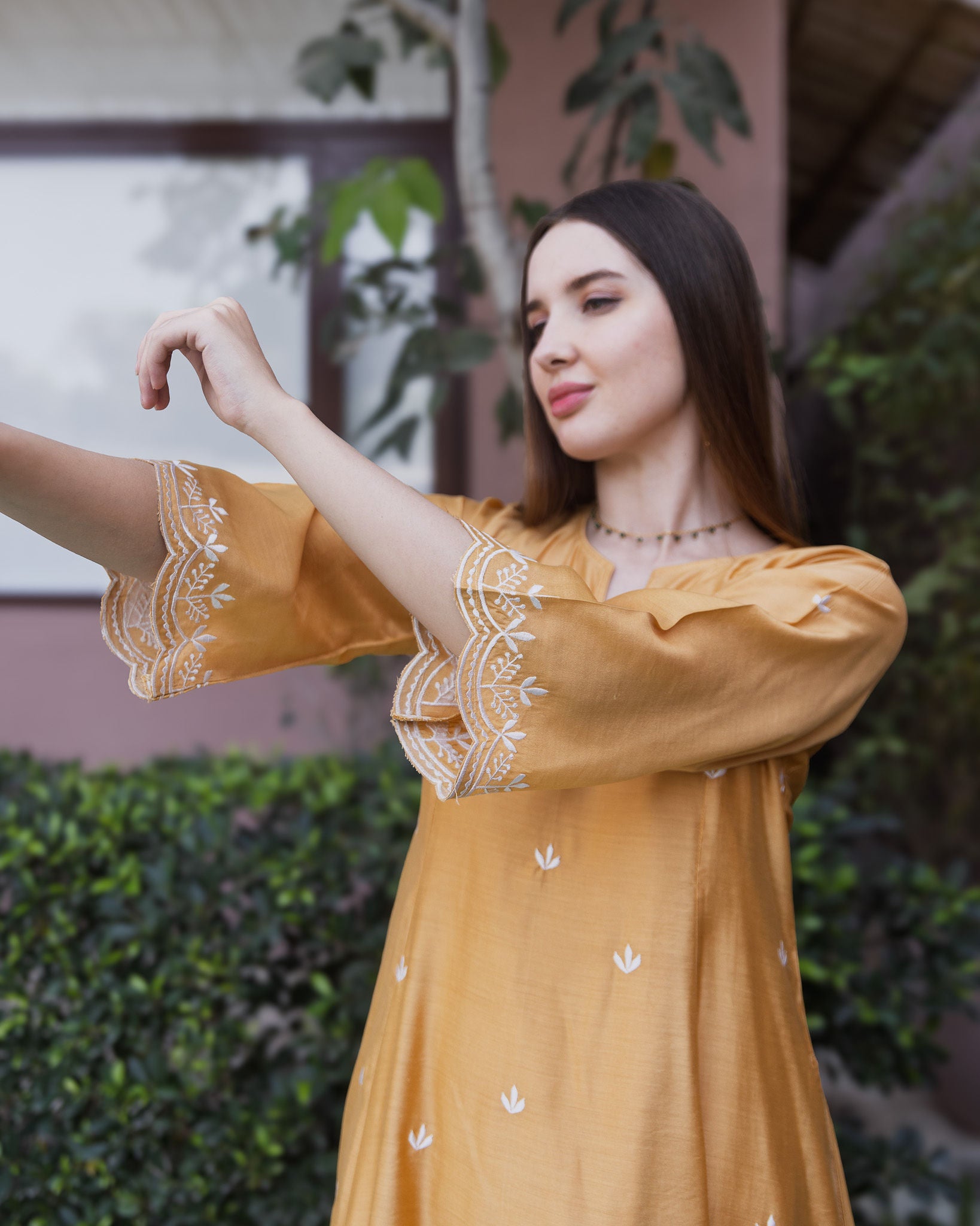 Mustard Chanderi 3 Kali A Line Suit Set