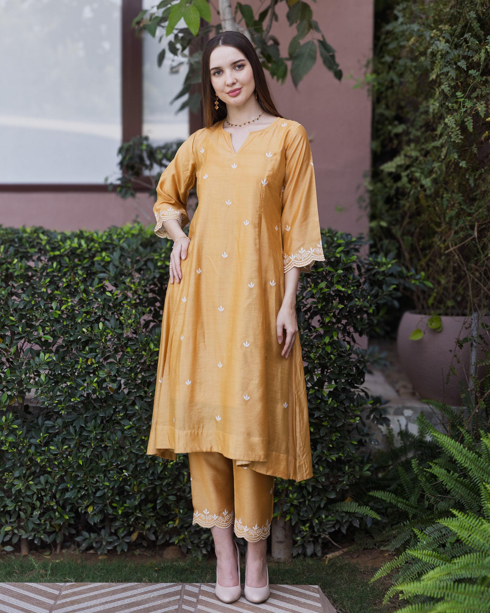 Mustard Chanderi 3 Kali A Line Suit Set