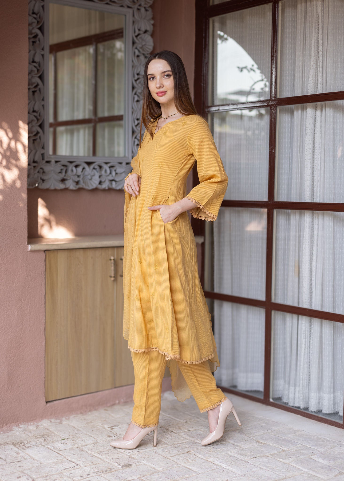 Mustard yellow Silly Cottan 3 Kali Suit Set