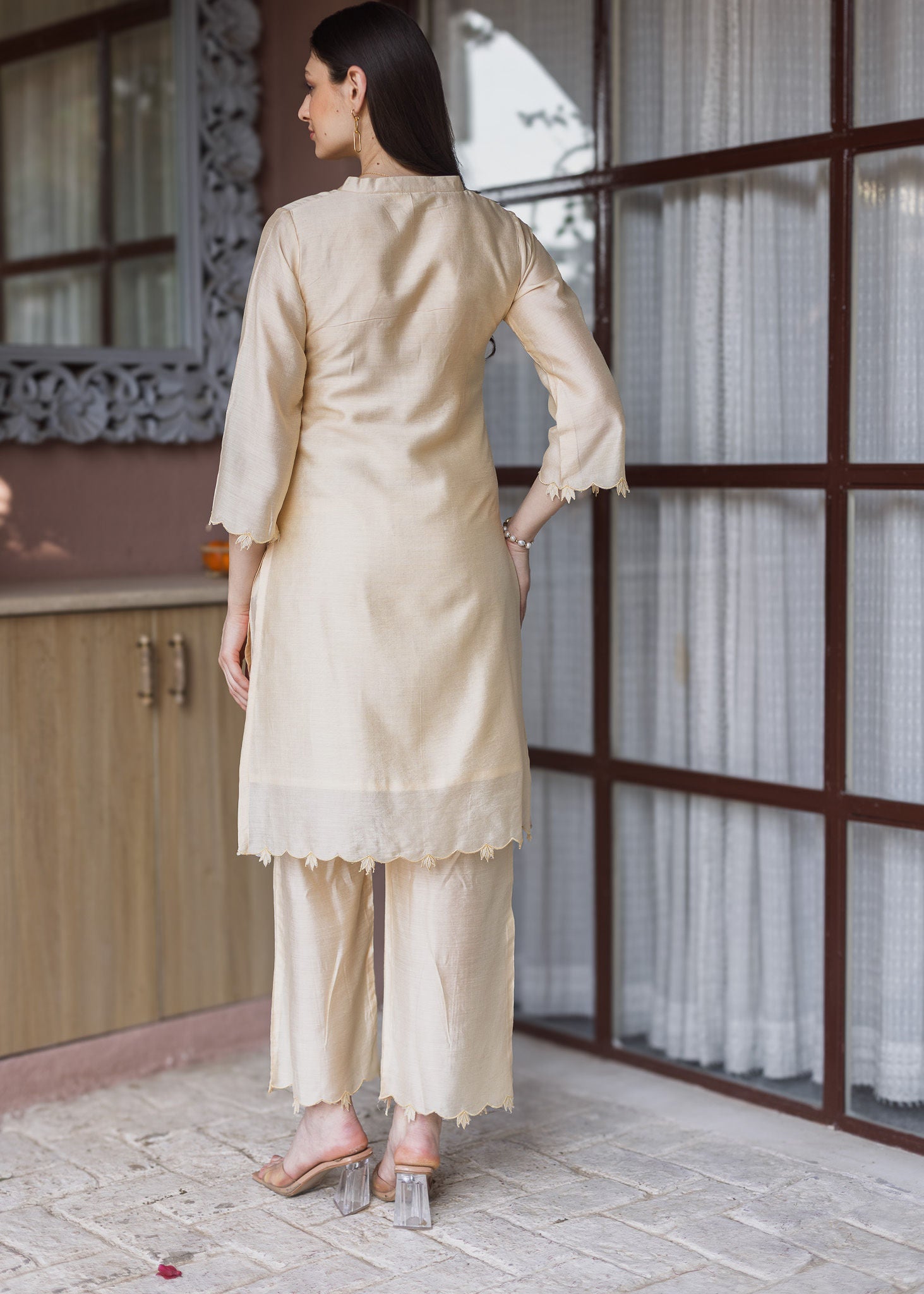 Golden Chanderi Embroidered Straight Set