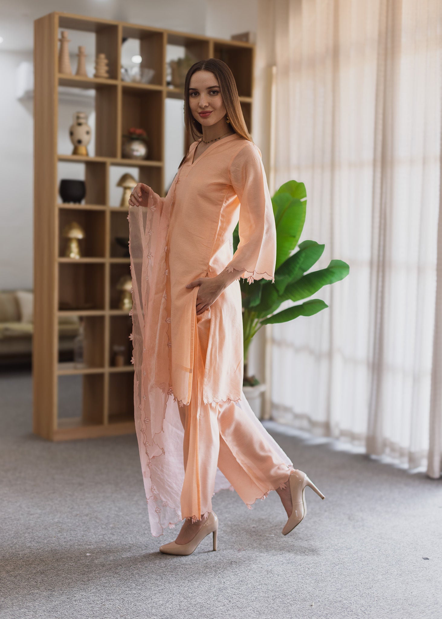 Peach Chanderi Embroidered Straight Set