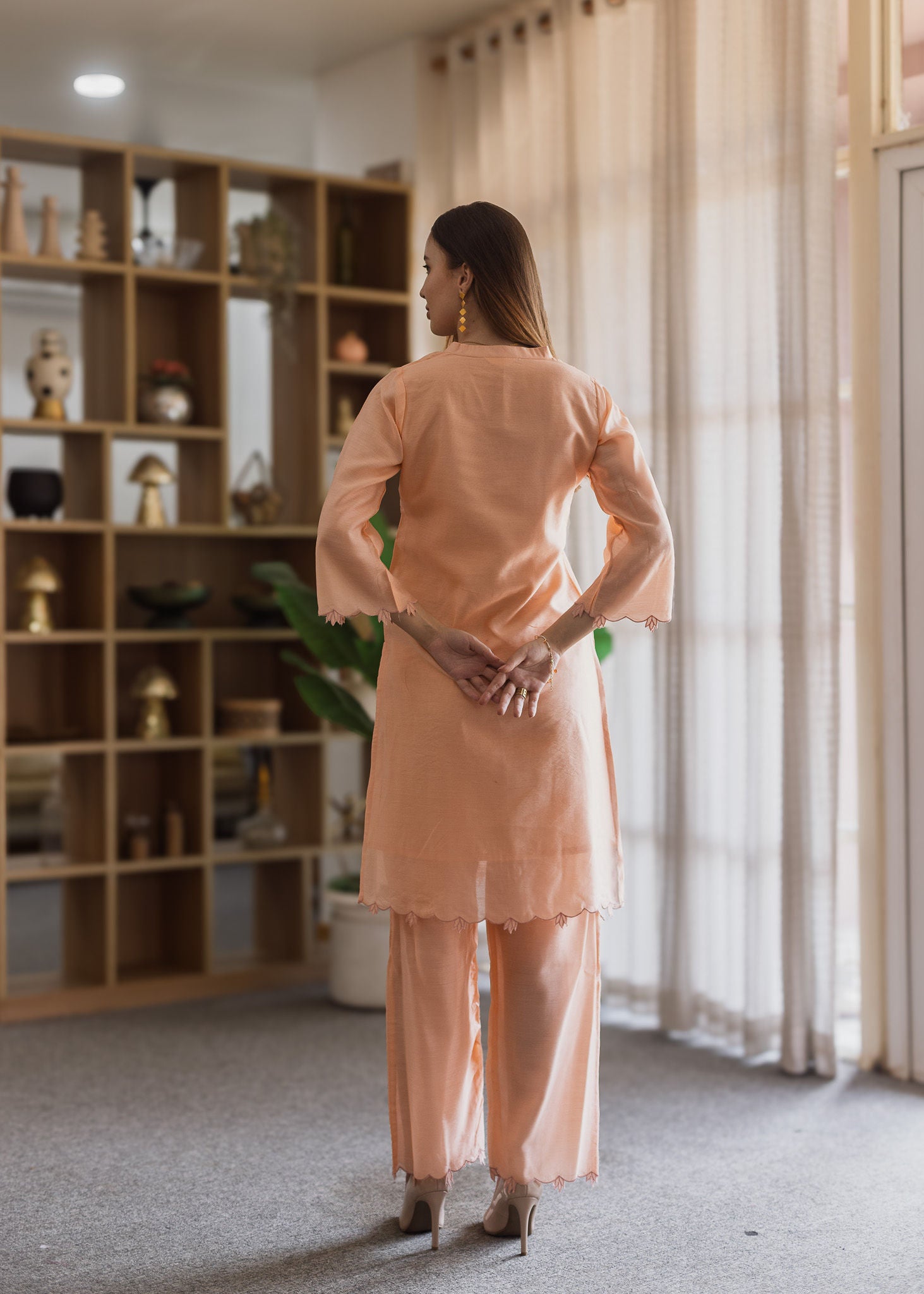 Peach Chanderi Embroidered Straight Set