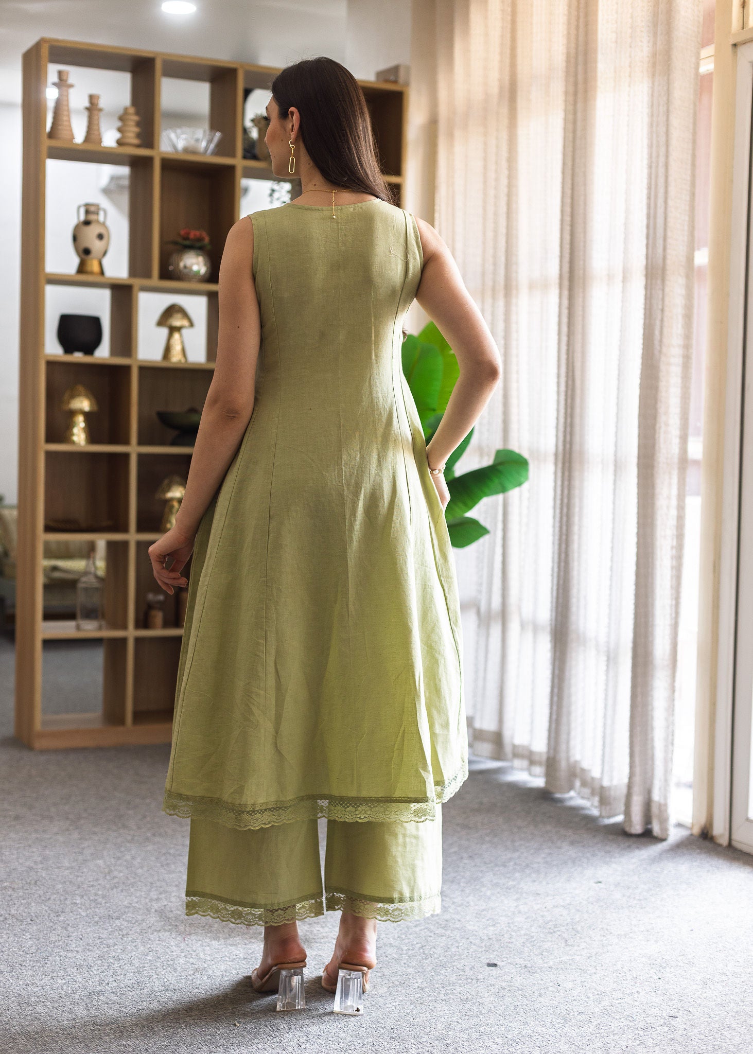 Pista Green Linen embroidered A-Line Suit Set