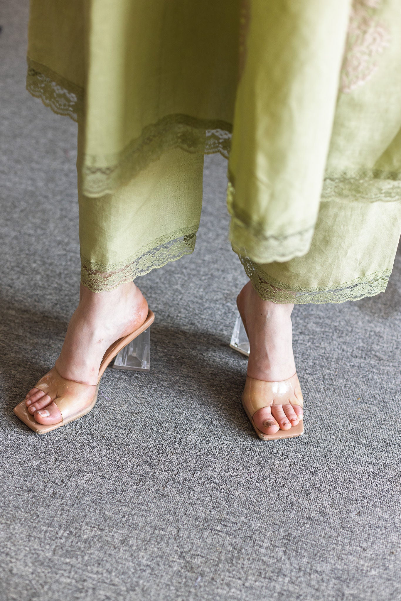 Pista Green Linen embroidered A-Line Suit Set