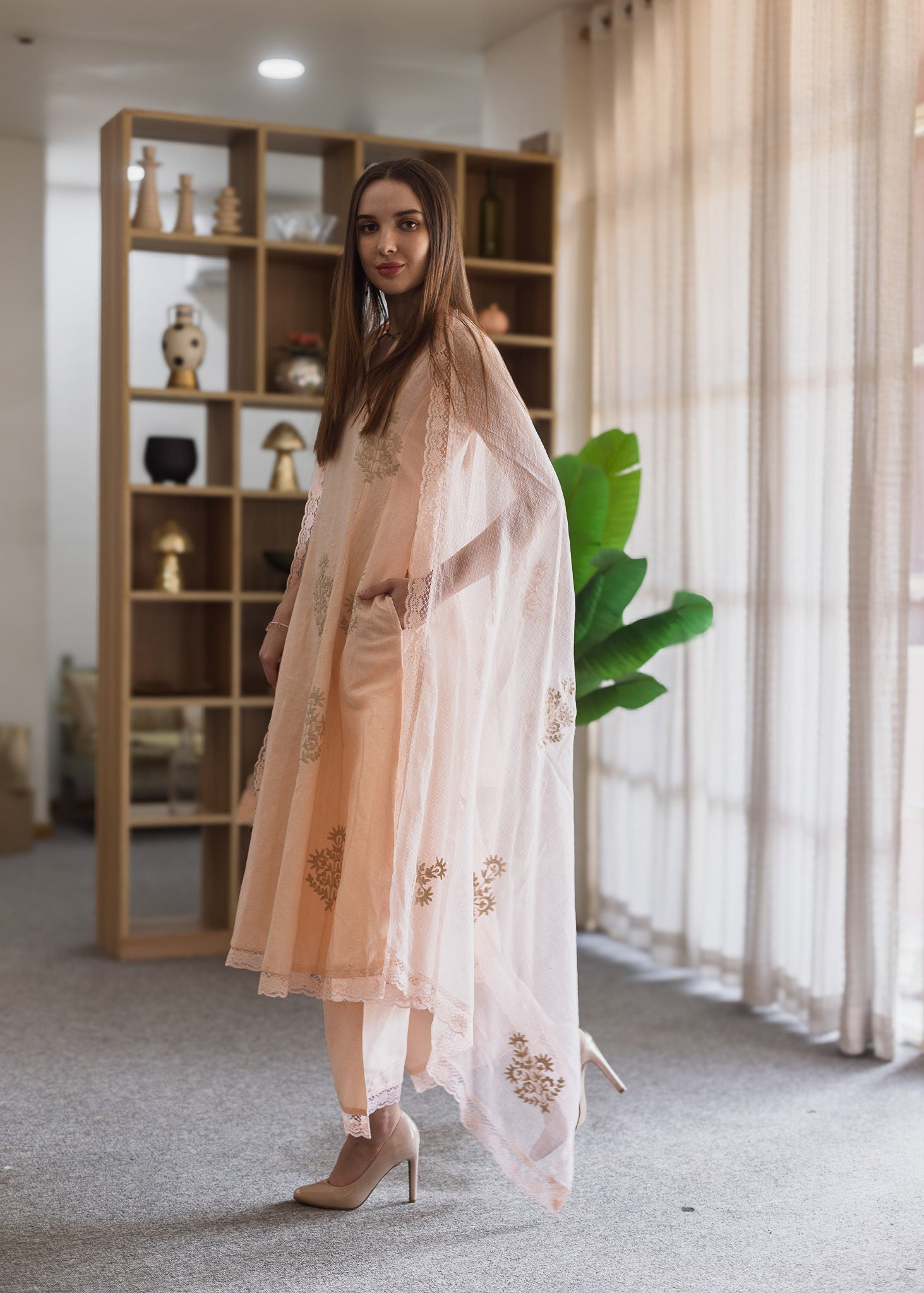 Peach Linen embroidered A-Line Suit Set