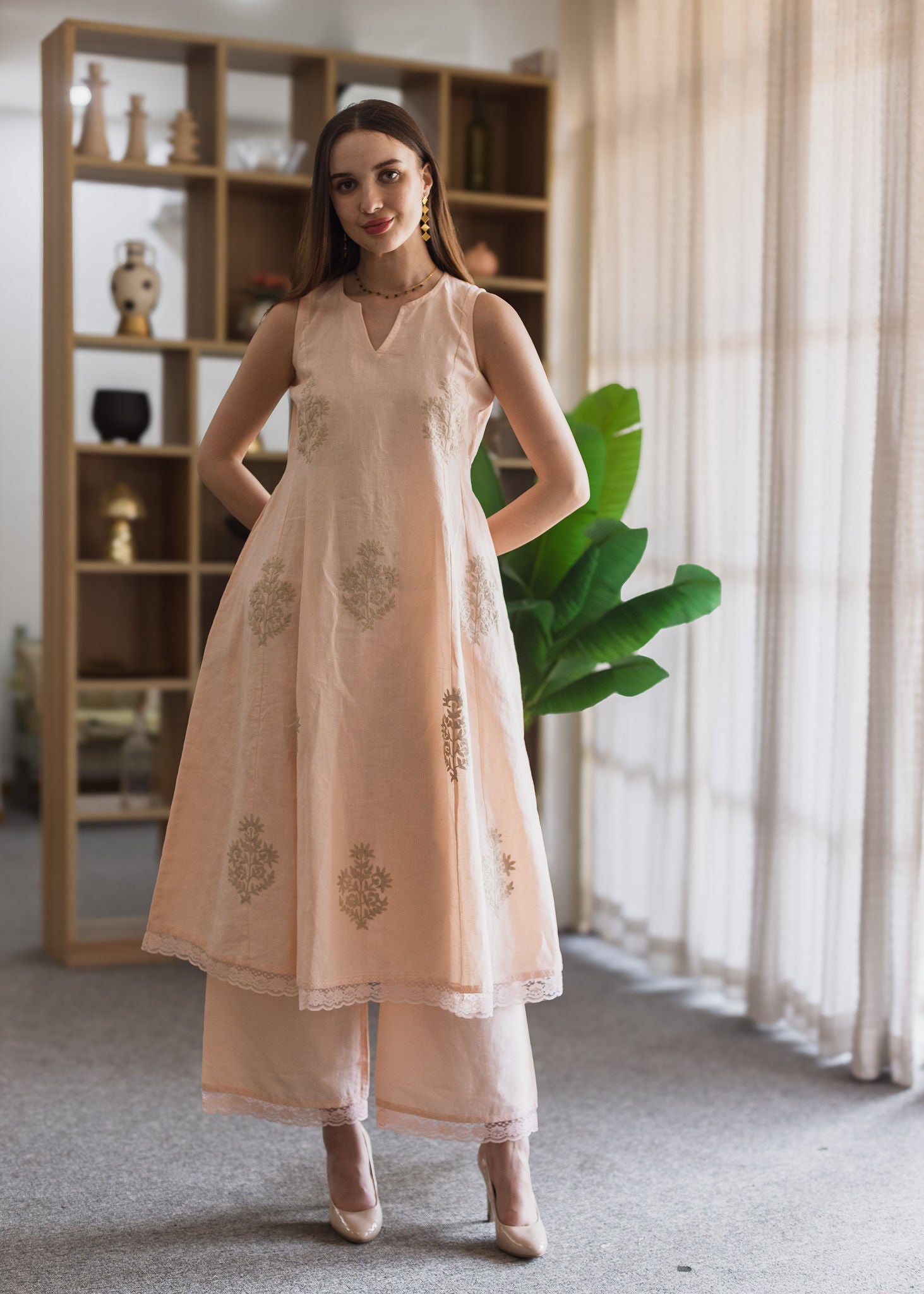Peach Linen embroidered A-Line Suit Set