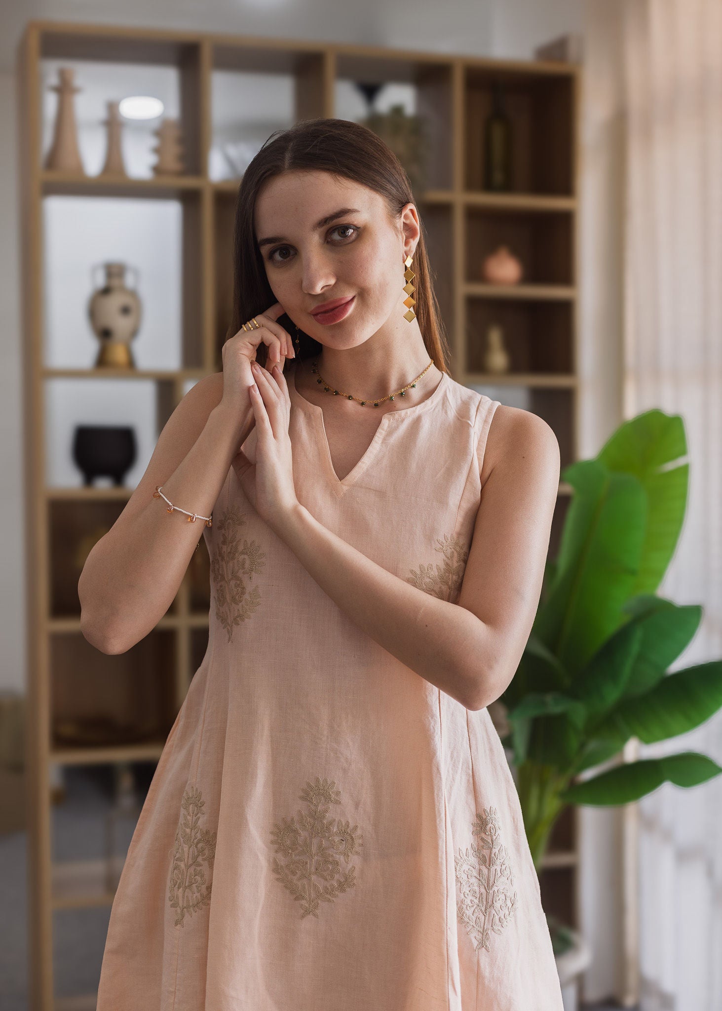Peach Linen embroidered A-Line Suit Set