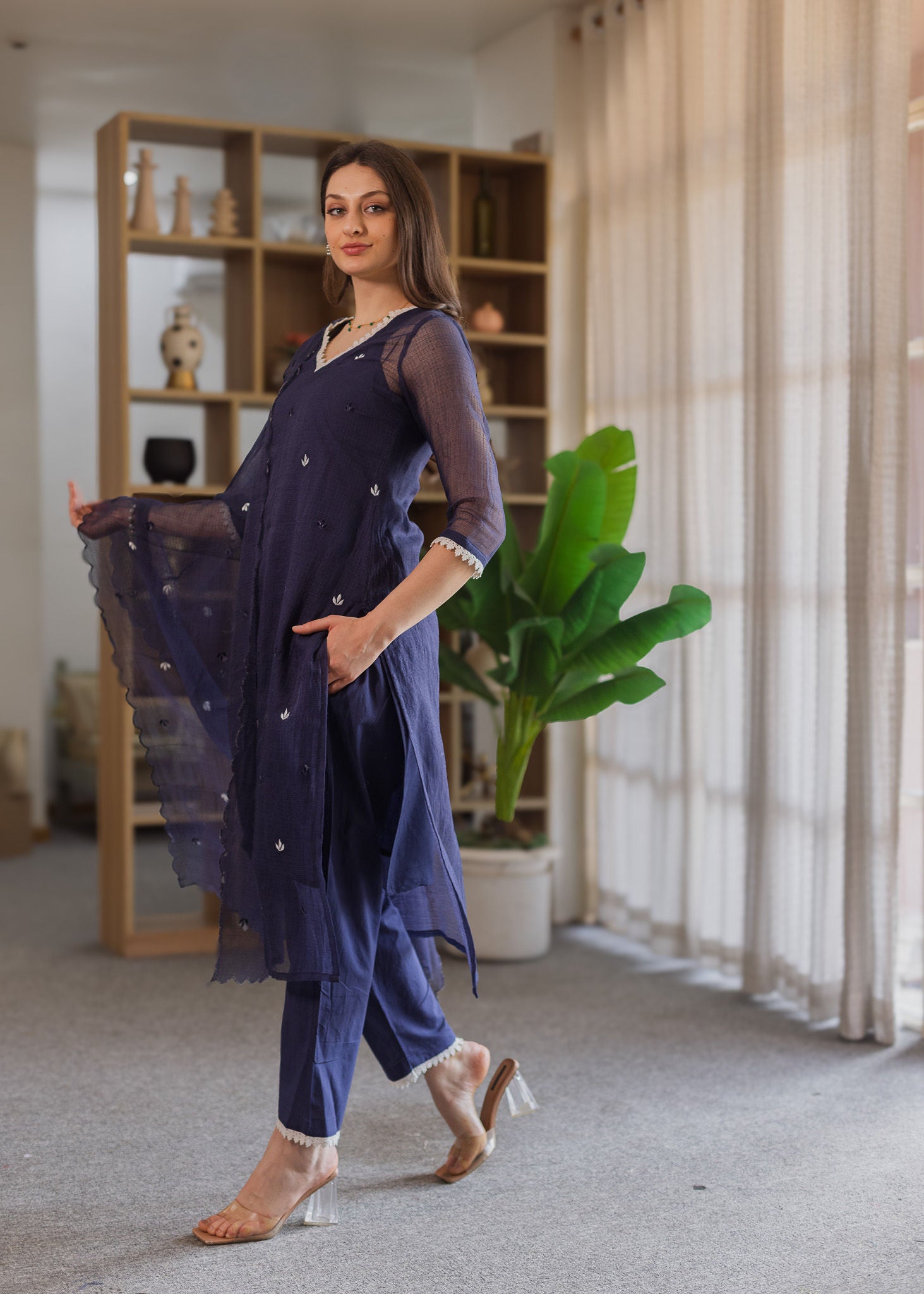 Navy Blue Doriya Embroidered Straight Set