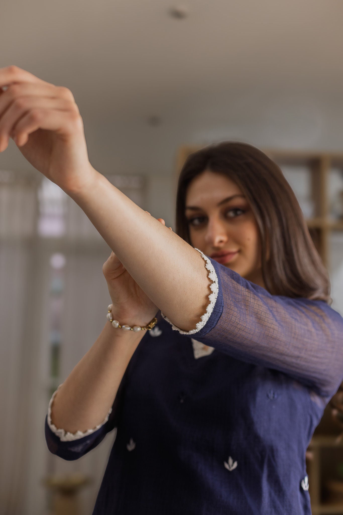 Navy Blue Doriya Embroidered Straight Set