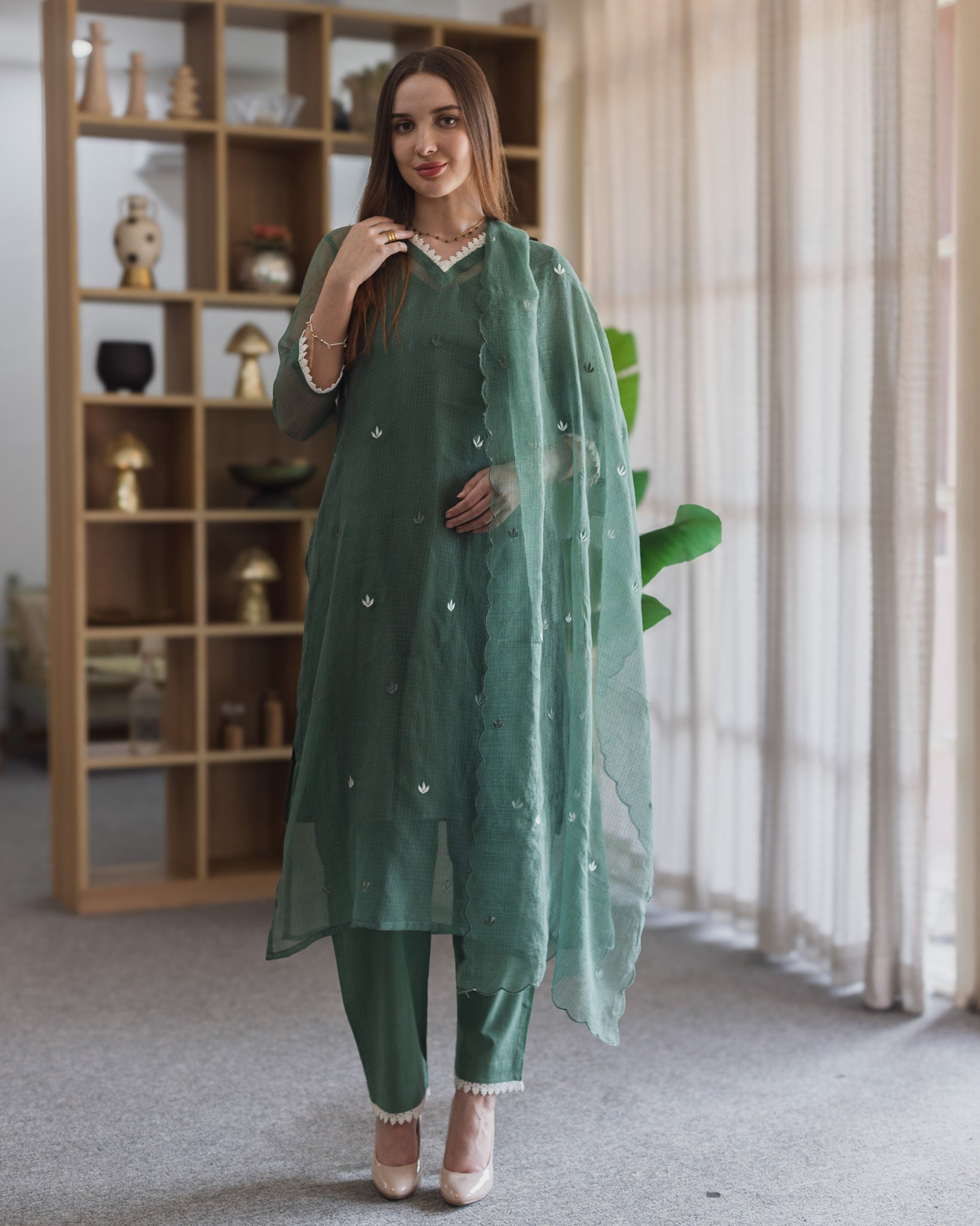 Emerald Green Doriya Embroidered Straight Set