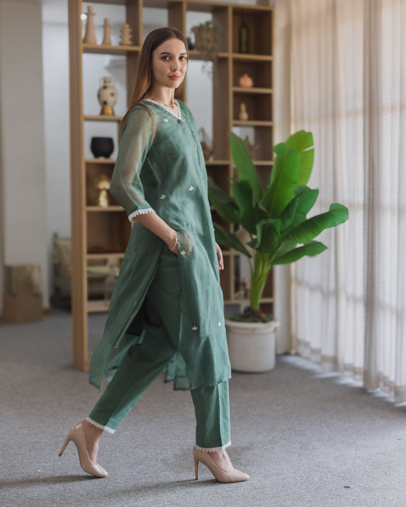 Emerald Green Doriya Embroidered Straight Set