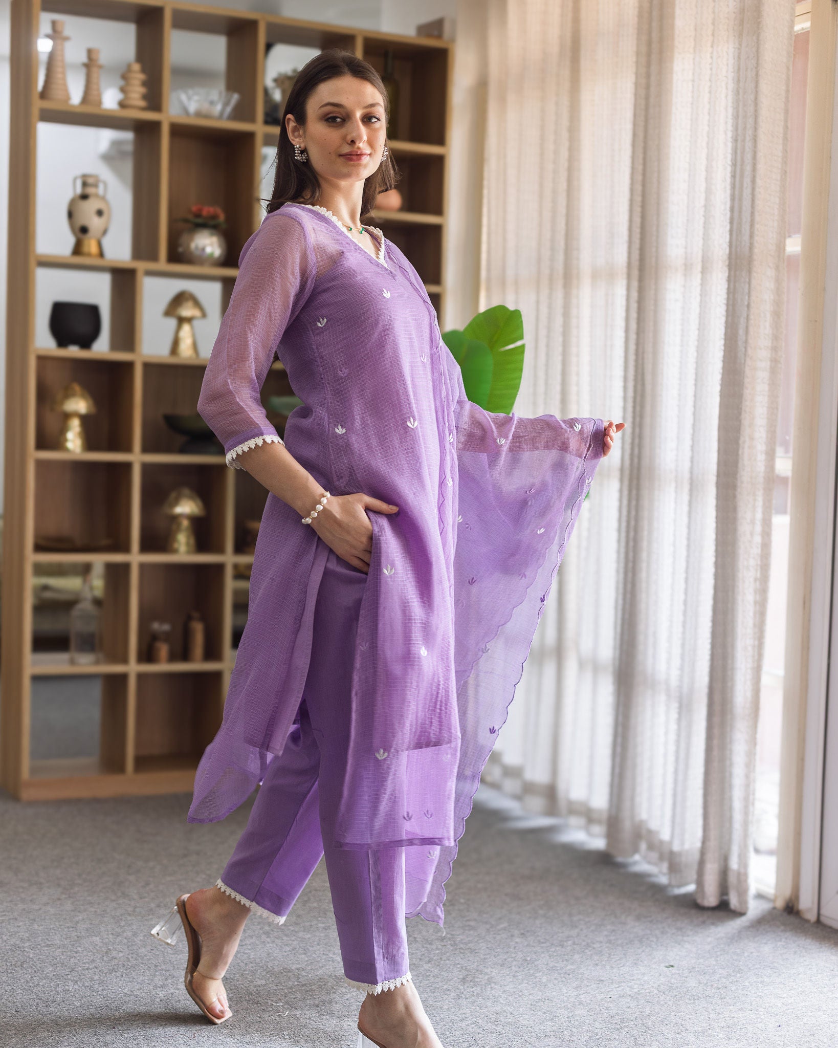 Purple Doriya Embroidered Straight Set