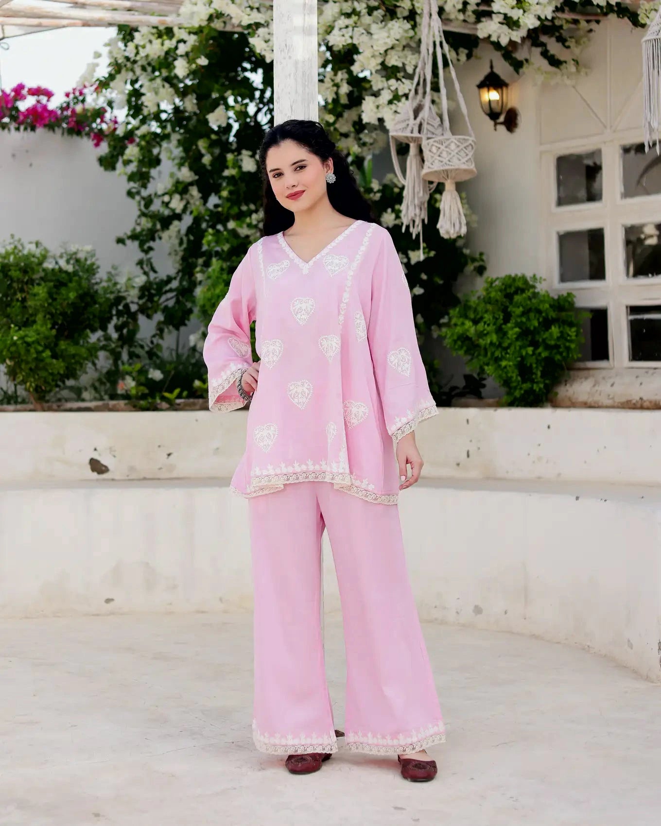 Asrumo Gulzaar blush pink cotton satin Aari embroidered kurta palazzo set with dupatta