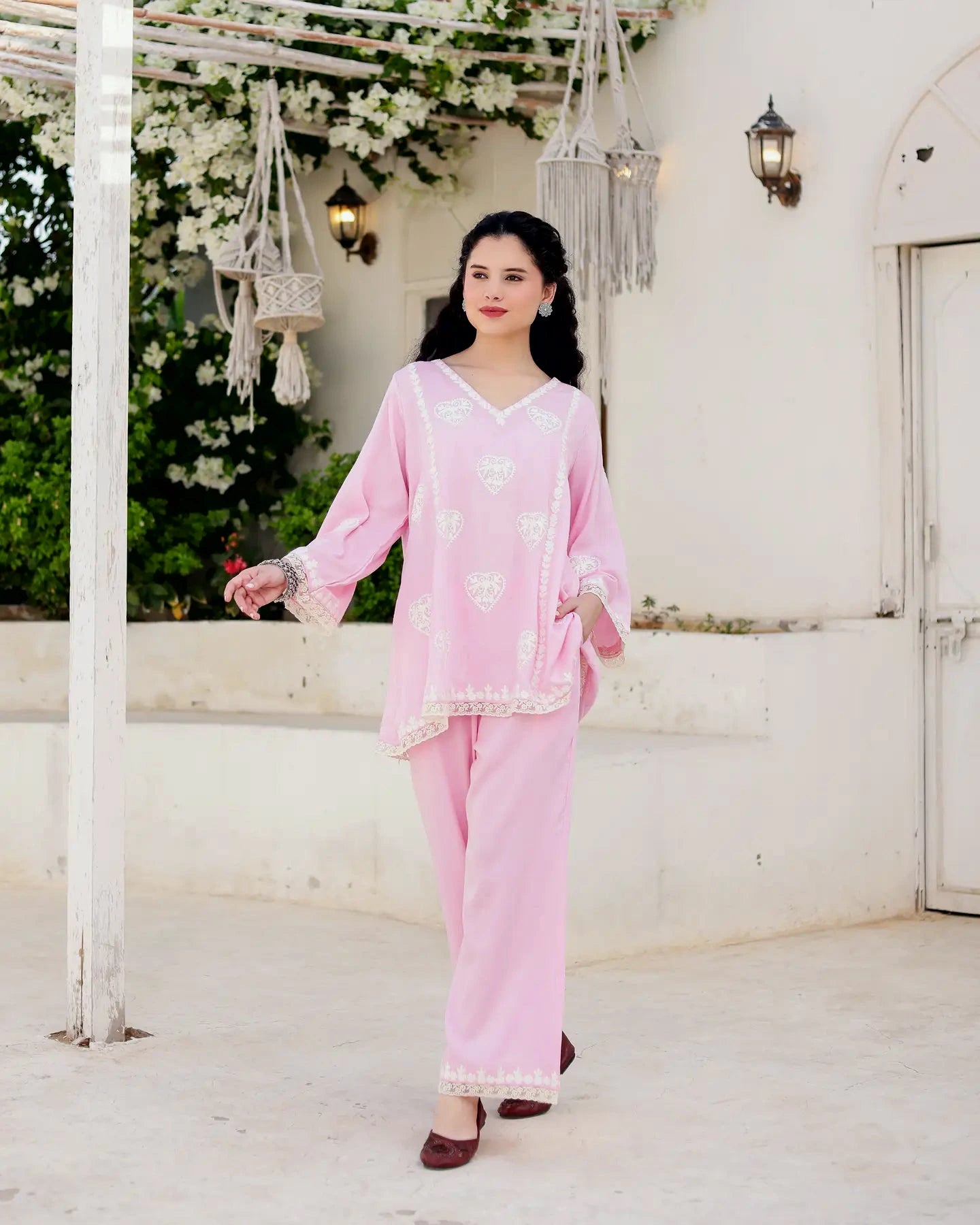 Asrumo Gulzaar blush pink cotton satin Aari embroidered kurta palazzo set with dupatta