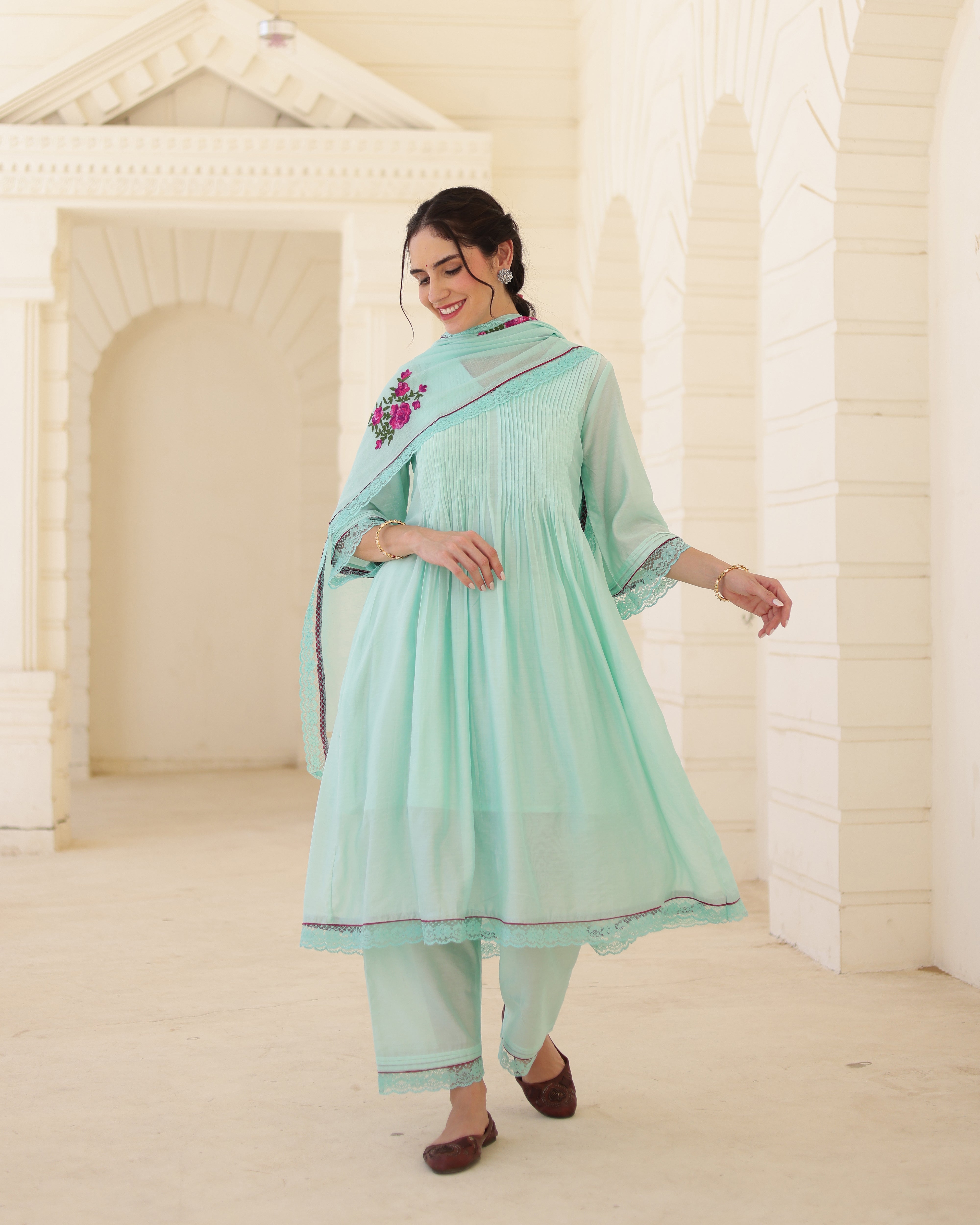 Floris Mint Chanderi Aari Embroidered Kurta Palazzo Set with Floral Dupatta