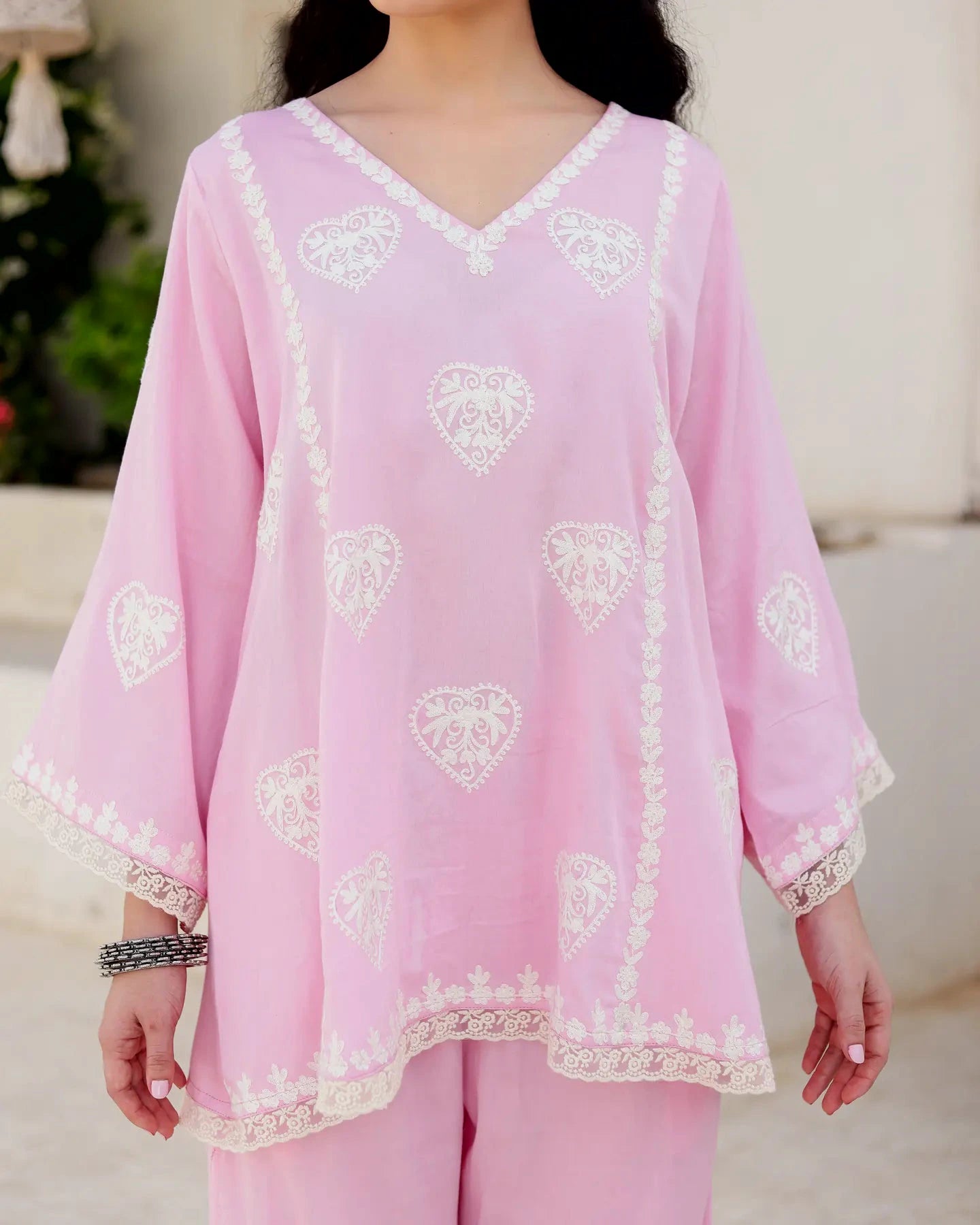 Asrumo Gulzaar blush pink cotton satin Aari embroidered kurta palazzo set with dupatta