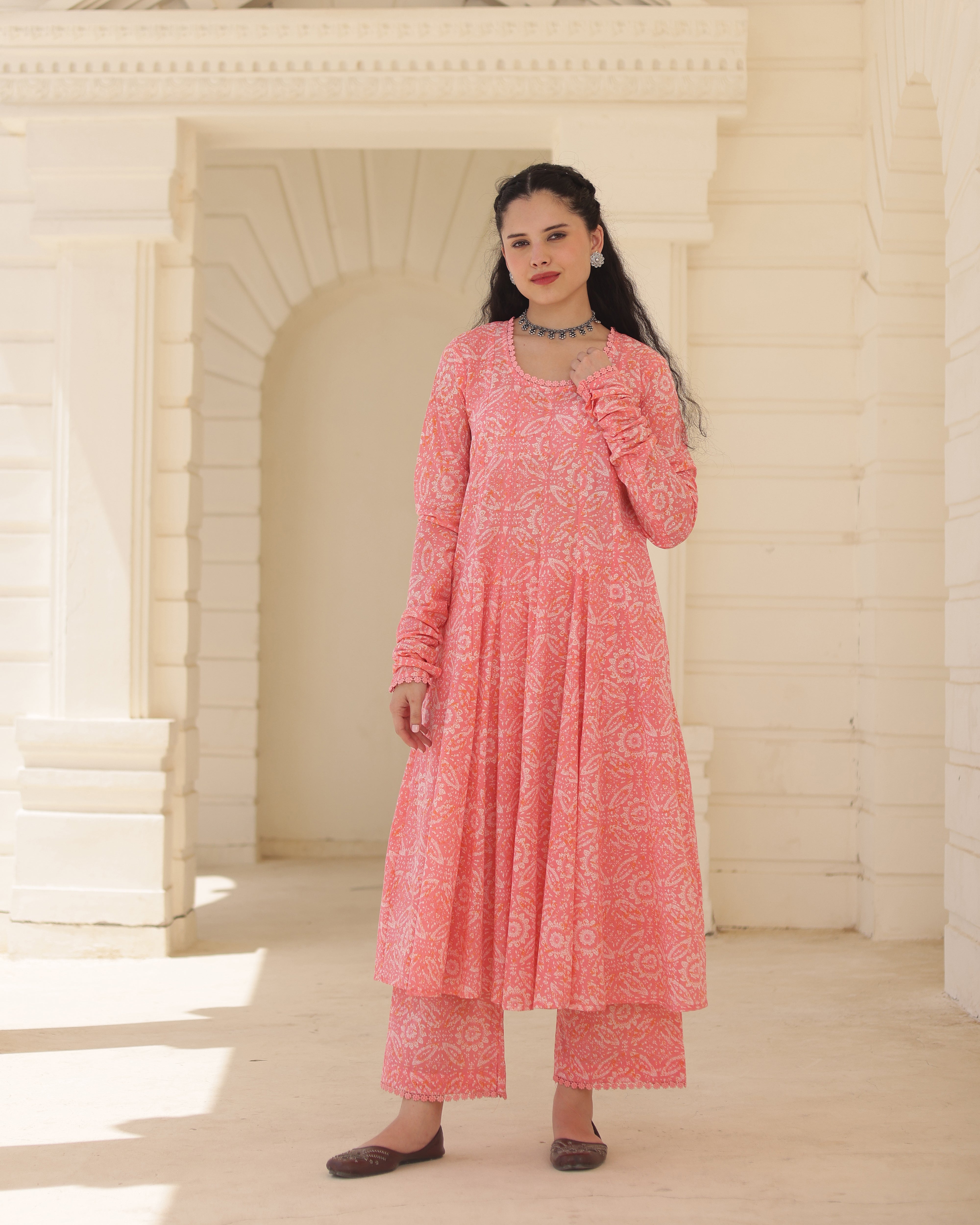 Blush Rose Pink Handblock Cotton Suit Set with Kota Doria Dupatta