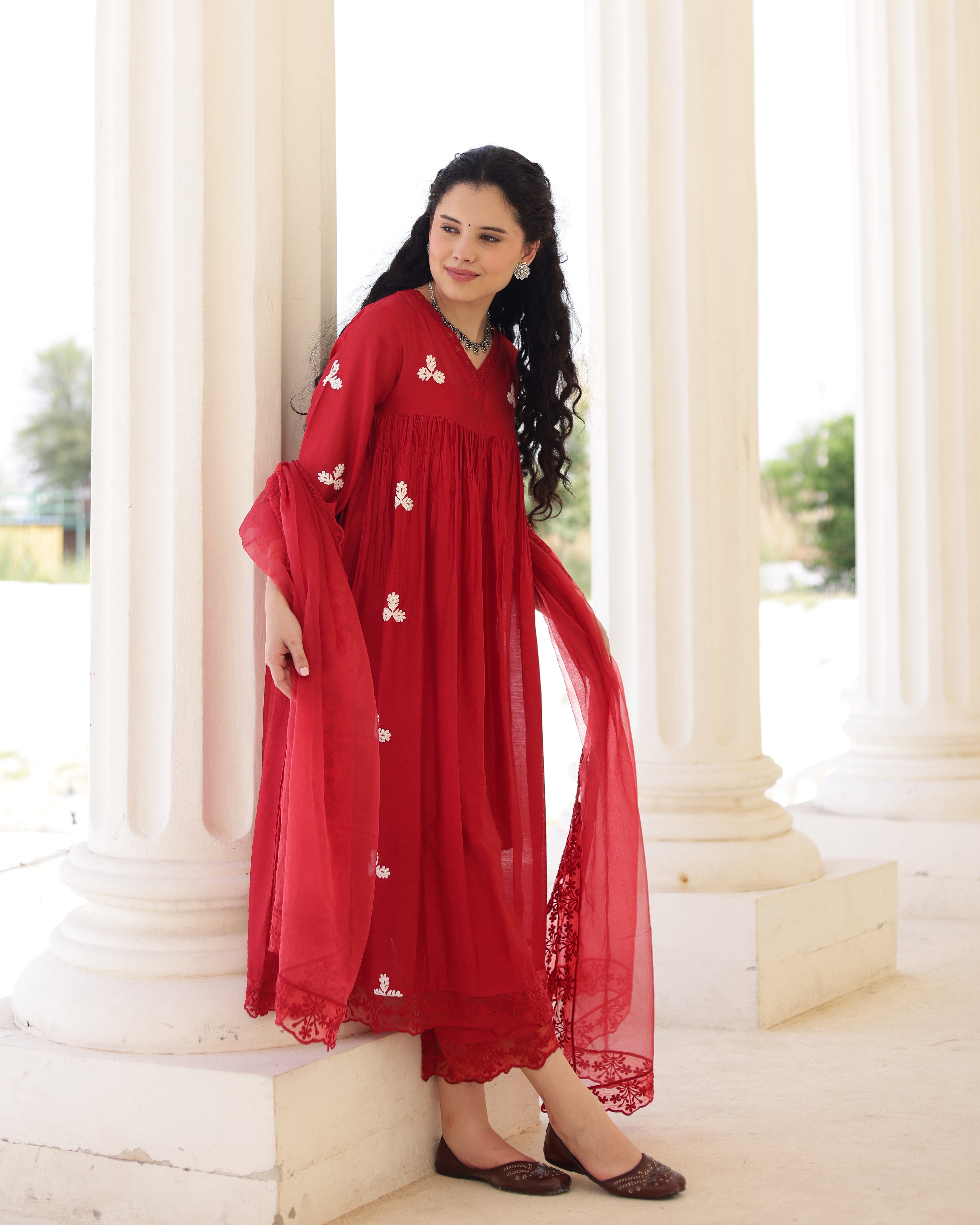 Rouge Ruby Red Chanderi Aari Embroidered Kurta Palazzo Set with Dupatta