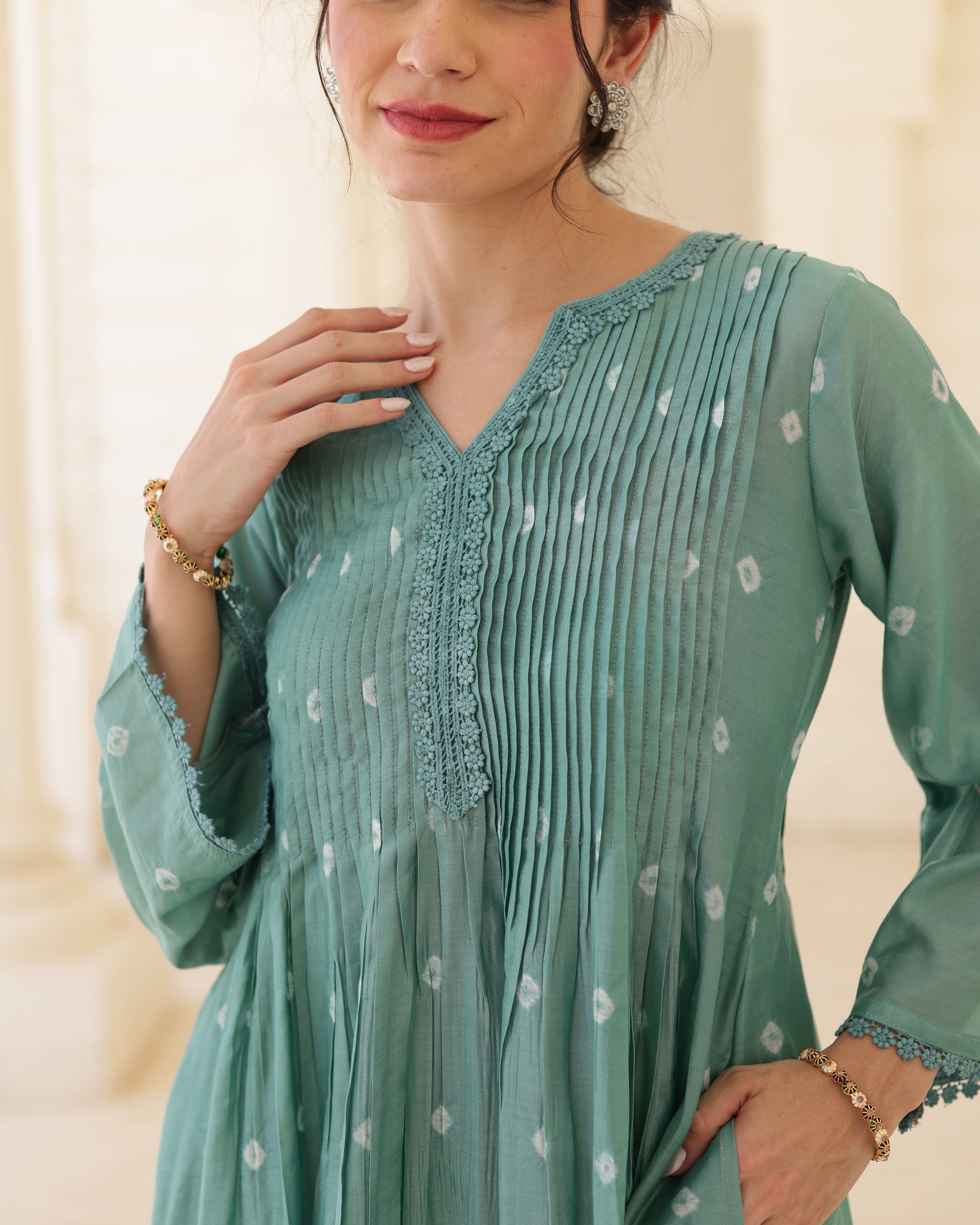 Sage Bloom Green Chanderi Hand Bandhej Suit Set with Dupatta