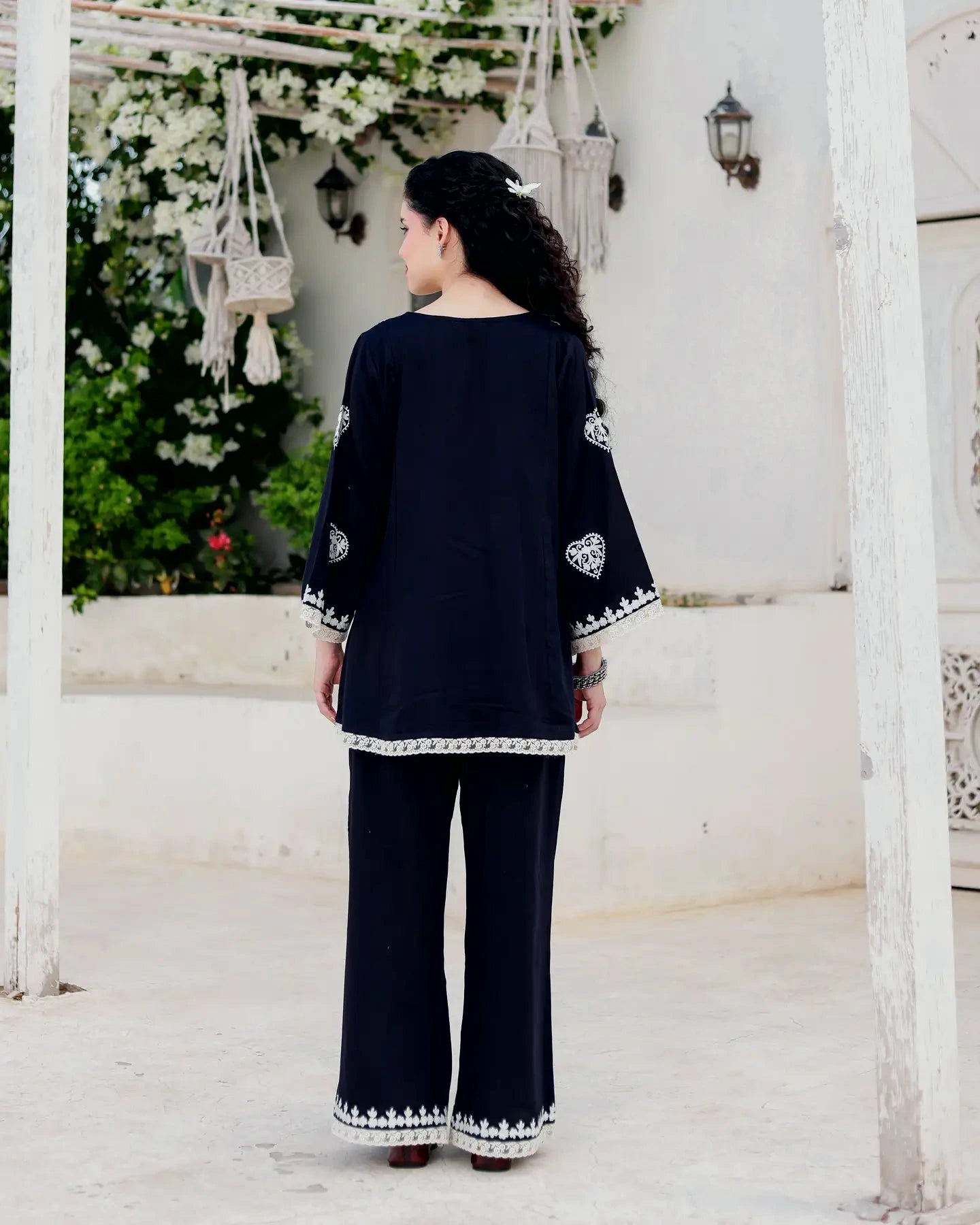 Noir Handcrafted Black Embroidered Kurta Palazzo Set with Organza Dupatta - AS-TTME-1 (4)